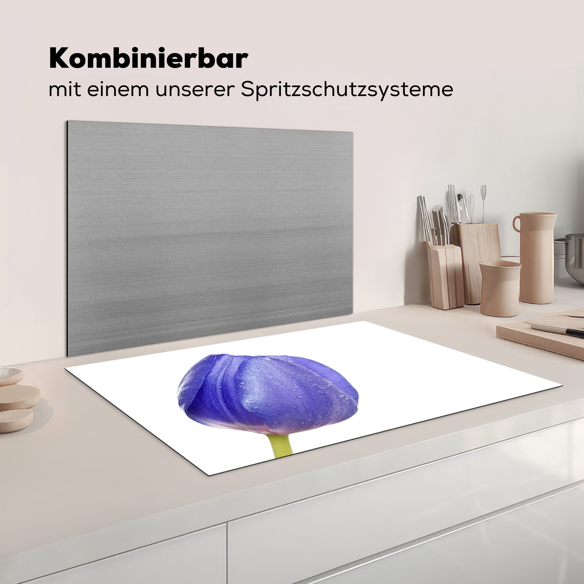 küche, Blaue tlg), Schutz Vinyl, Wassertropfen, (1 MuchoWow 81x52 die cm, Induktionskochfeld für Herdblende-/Abdeckplatte Ceranfeldabdeckung Tulpe mit