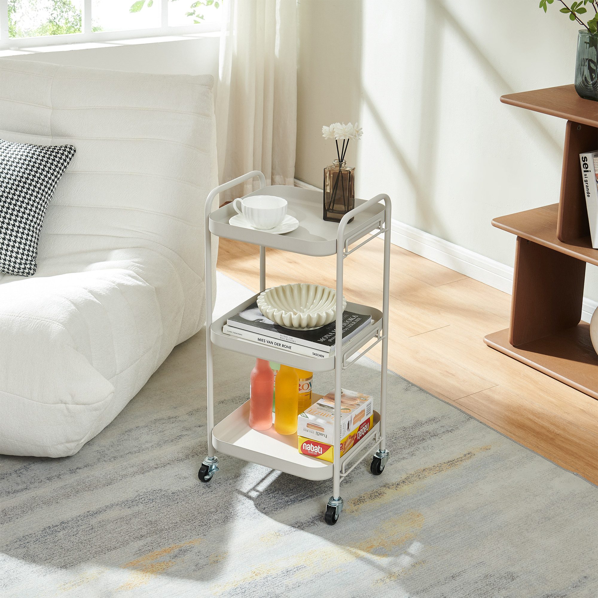 en.casa Servierwagen, »Kelevn« mit 3 Ebenen 67 x 33 x 31 cm rollbar Stahl Grau