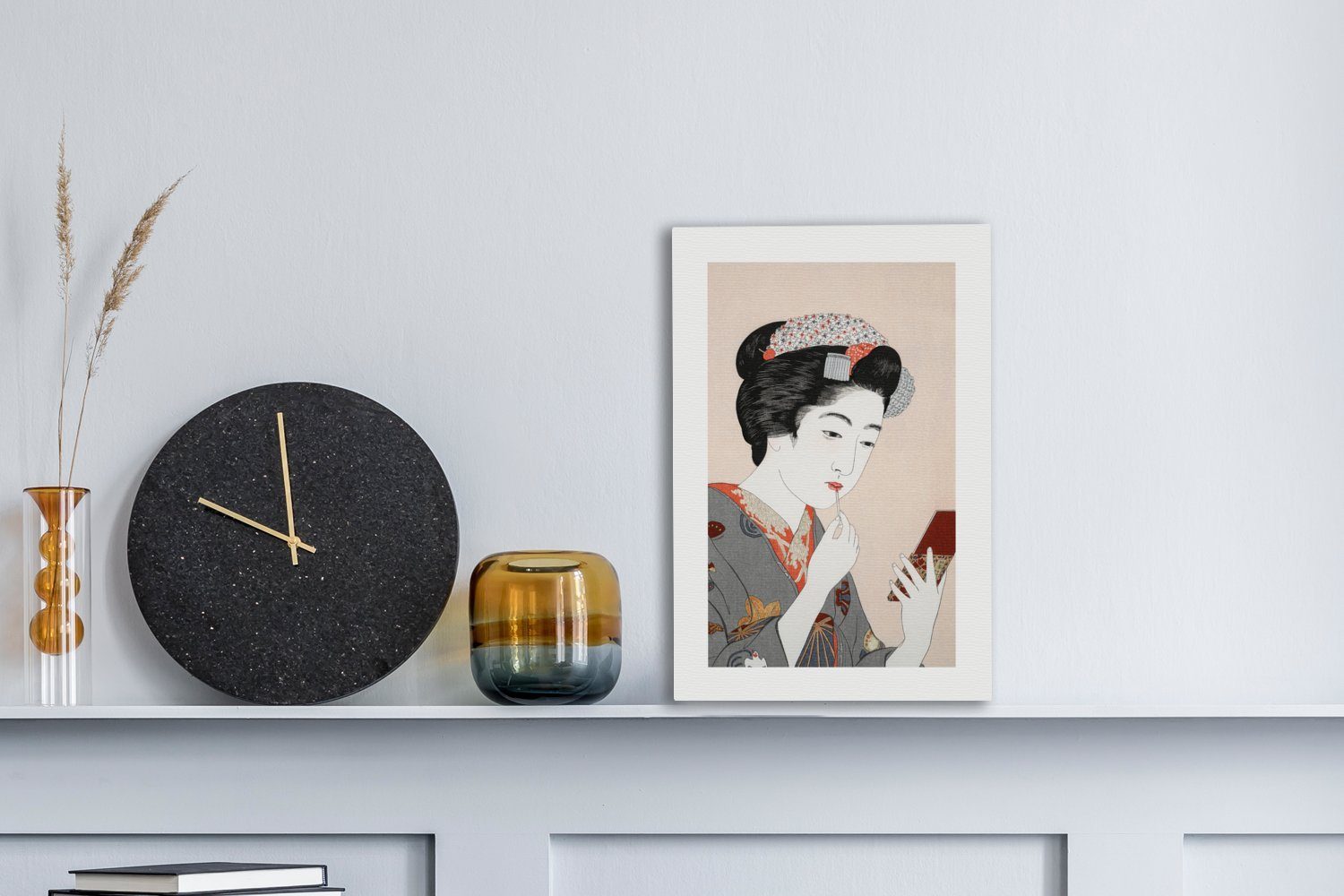 Leinwandbild Gemälde, Japan - cm Leinwandbild 20x30 - OneMillionCanvasses® (1 inkl. - St), Vintage, Schminken Kimono fertig - Frau bespannt Zackenaufhänger,