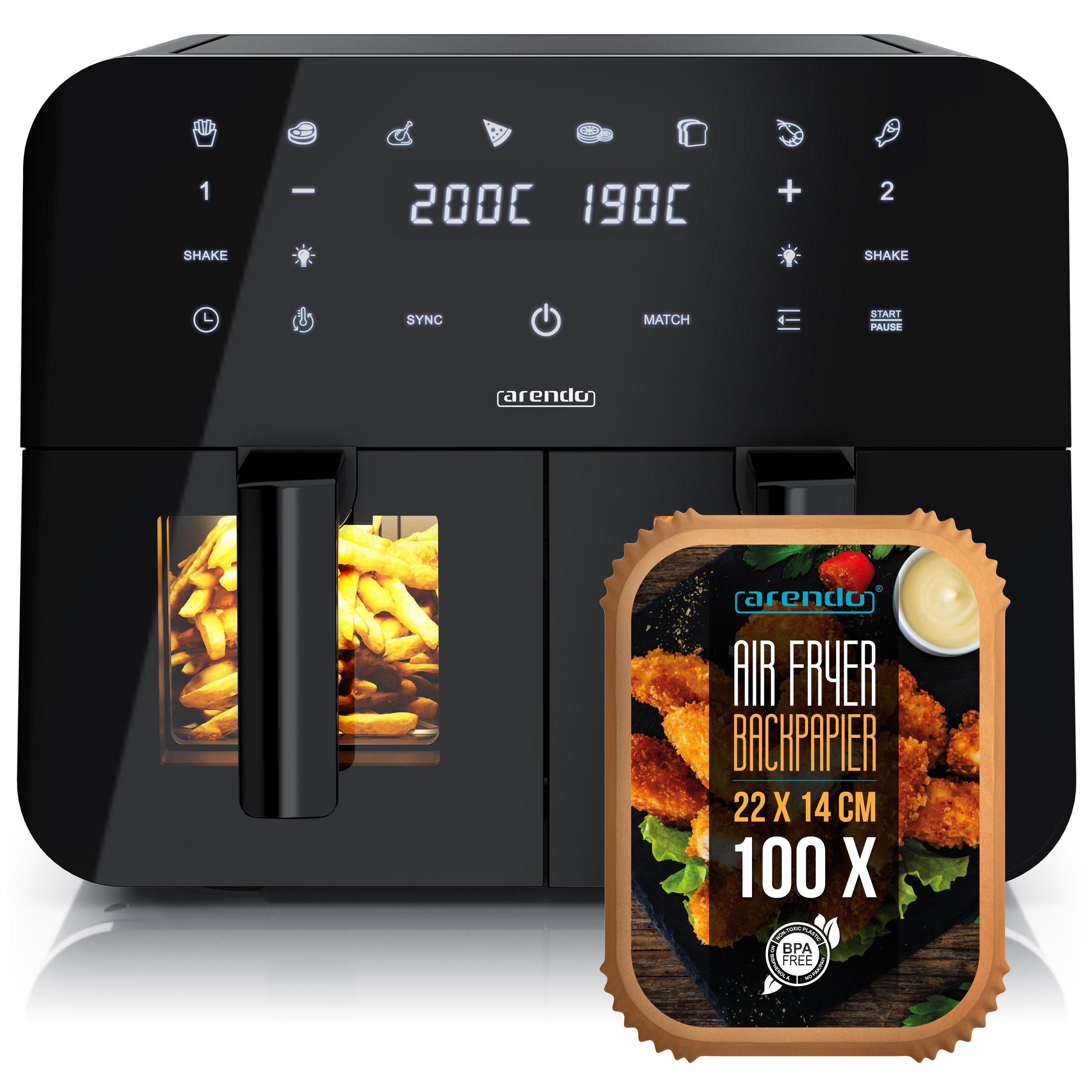 Arendo Heißluftfritteuse XXL Doppelkammer Airfryer 9L mit Backpapier & Zubehör, Dual Zone, 2400 W, Sichtfenster mit Beleuchtung, Umluftsystem, fettarmes gesundes Kochen