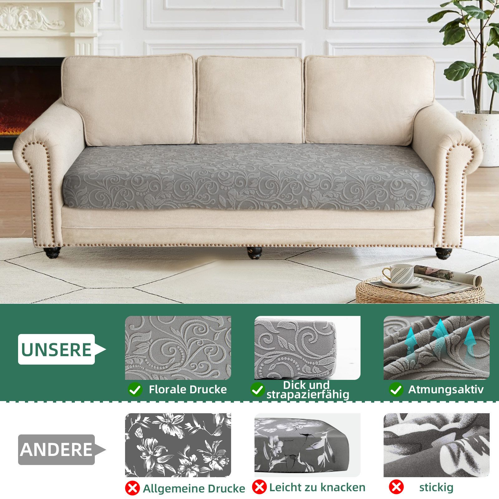 BTTO Sofahusse Stretch Floral Sofa Sitzkissenbezug Sofabezug,Spandex Sofasitzbezug, Retro Couchbezug Sofa Überzug