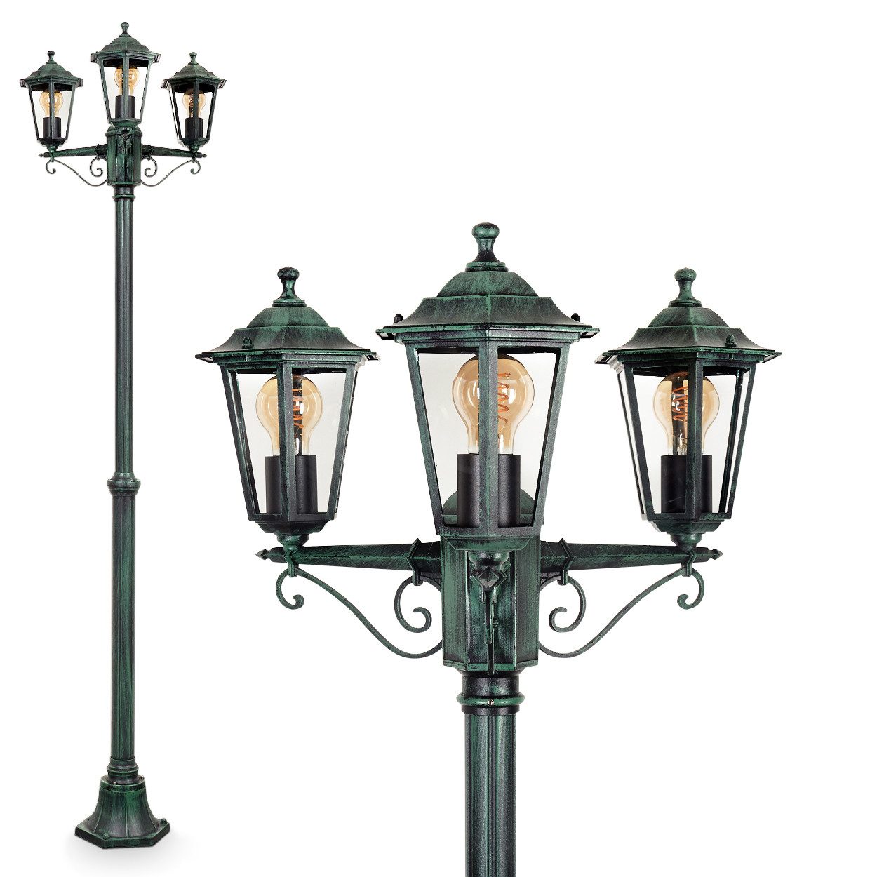 hofstein Außen-Stehlampe Wegeleuchte aus Metall/Glas in Schwarz-Grün/Klar, ohne Leuchtmittel, Kandelaber, Gartenbeleuchtung IP44, 3xE27, ohne Leuchtmittel