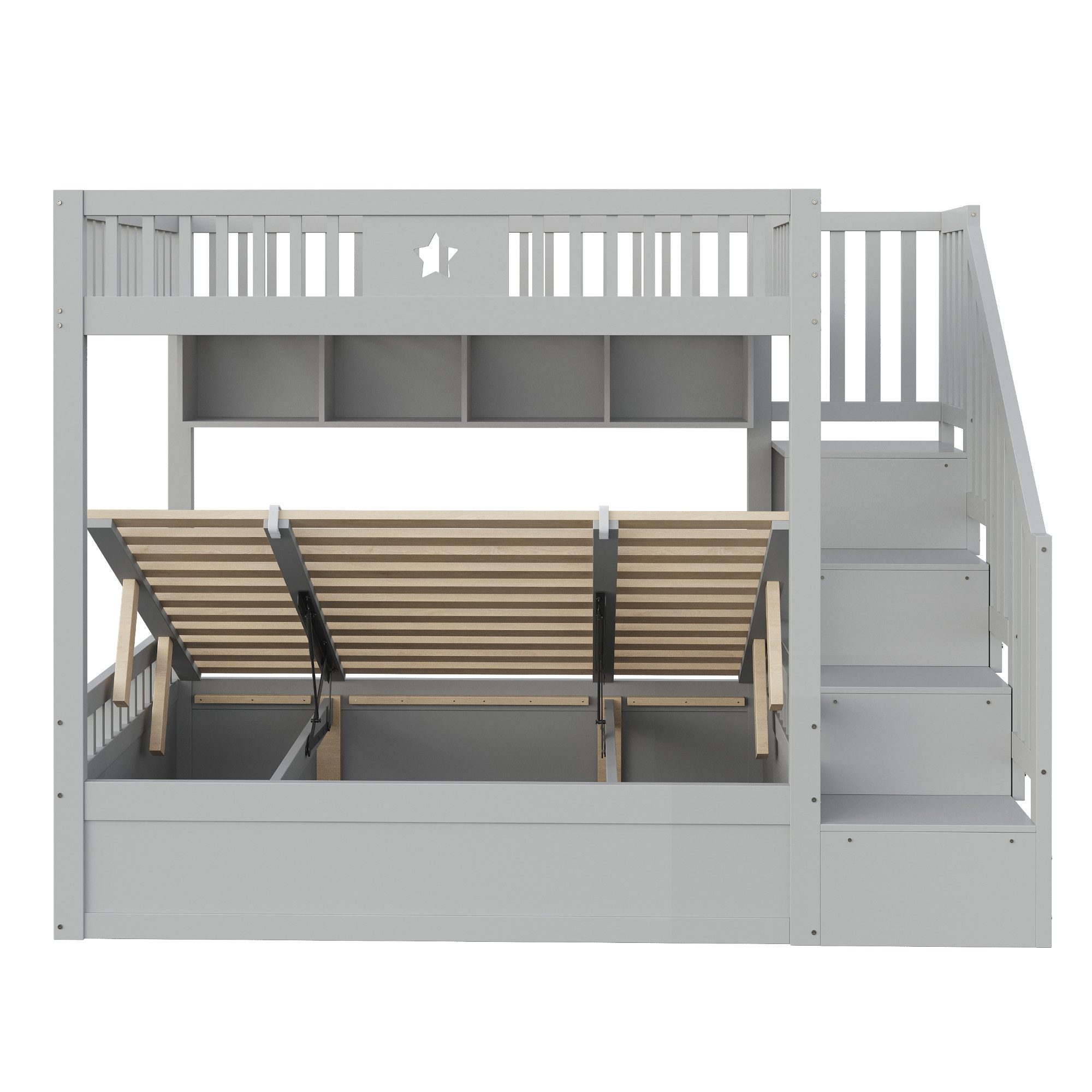 Merax Etagenbett mit hydraulischem Unterbett (1-St., Stockbett Jugendbett Doppelbett Hochbett aus Massivholz), Kinderbett 140x200cm mit Stauraumtreppe, Regalen  – Bild 5 von 5