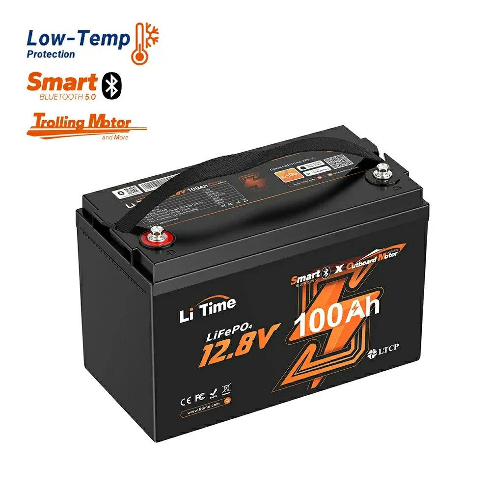 LiTime 12V 100Ah LiFePO4 Batterie für elektrischen Außenborder Trolling Motor Solarakkus (12 V), 1280Wh Solarspeicher mit Bluetooth für Boote mit Elektroaußenborder
