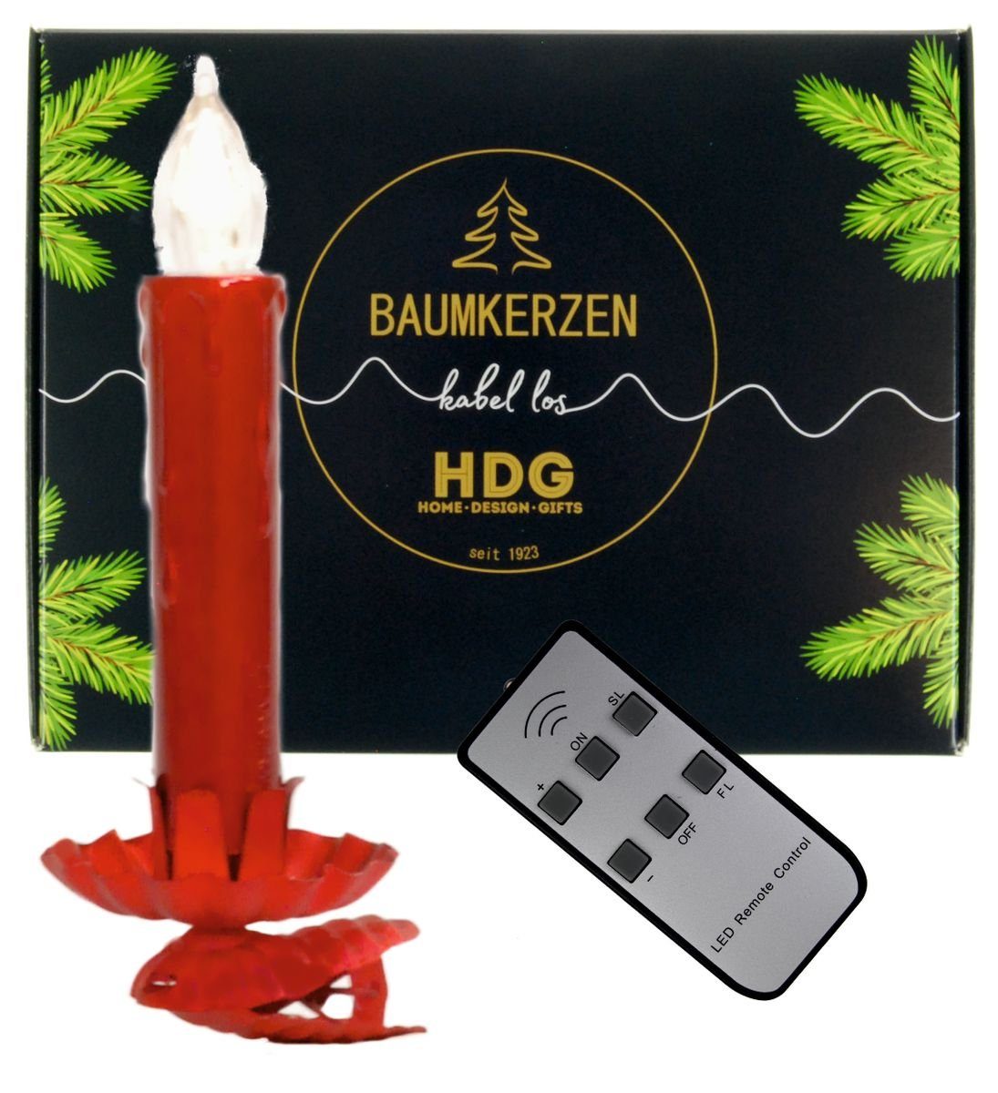 hdg LED-Christbaumkerzen rot mit Fernbedienung Ø 15 mm, inkl. 8 roten  Baumkerzenhaltern in Zapfenform made in Germany