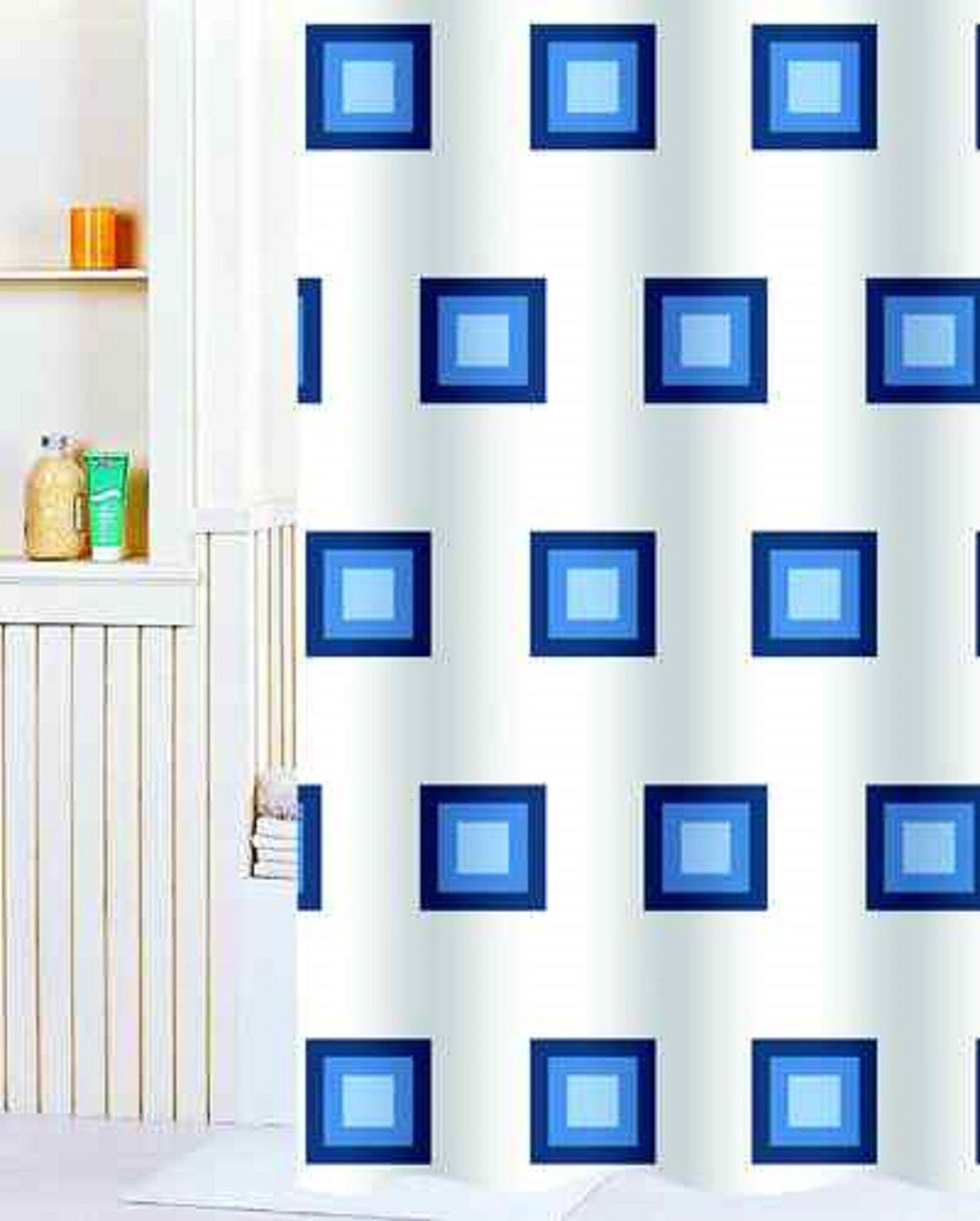 Badorganizer Duschvorhang Textil 180 x 200 mit Ringen Karo hell blau