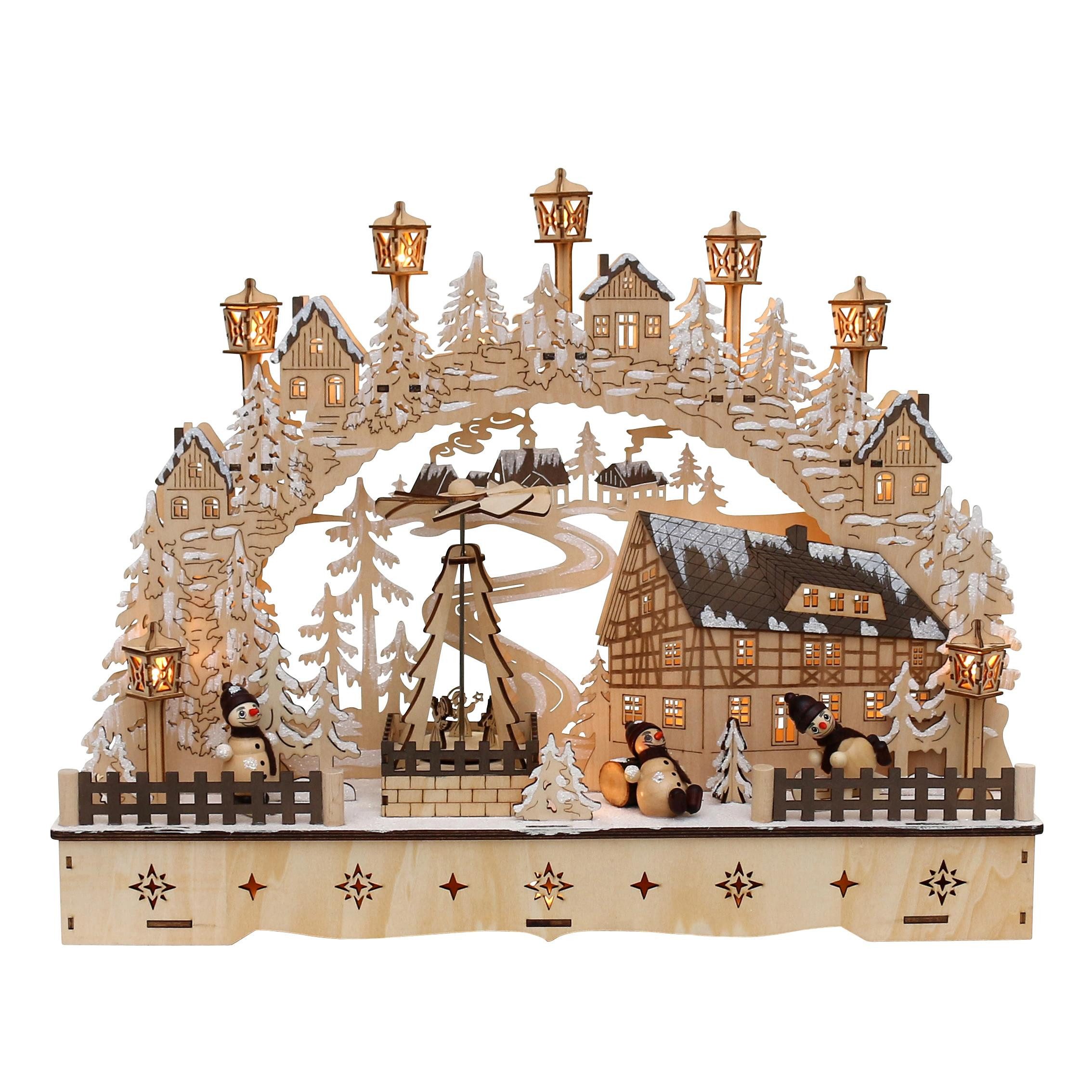 Dekohelden24 LED Schwibbogen LED Holz Schwibbogen mit bewegter Weihnachtspyramide, Adapterbetrieb.