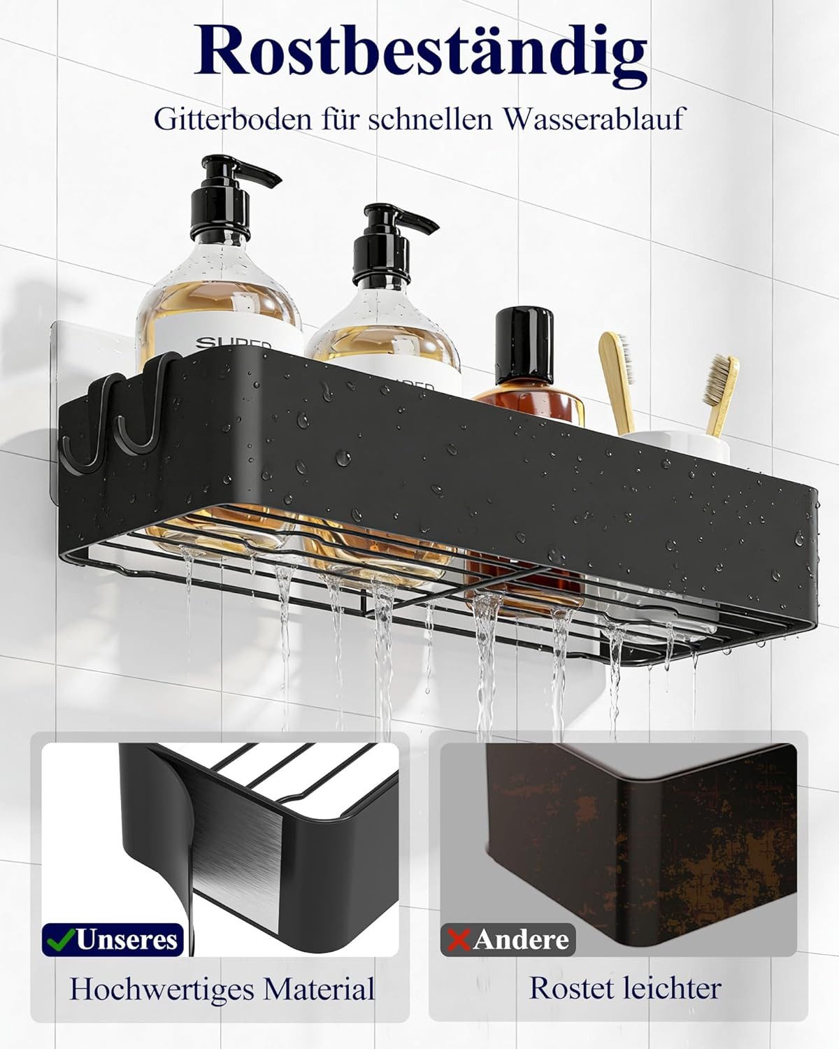 Fyrove Duschregal Duschablage ohne Bohren 2er Set, rostfreies Badregal mit 4 Haken, Duschablage ohne Bohren 2er Set, schwarzes rostfreies Badregal selbstklebend – Bild 4 von 5