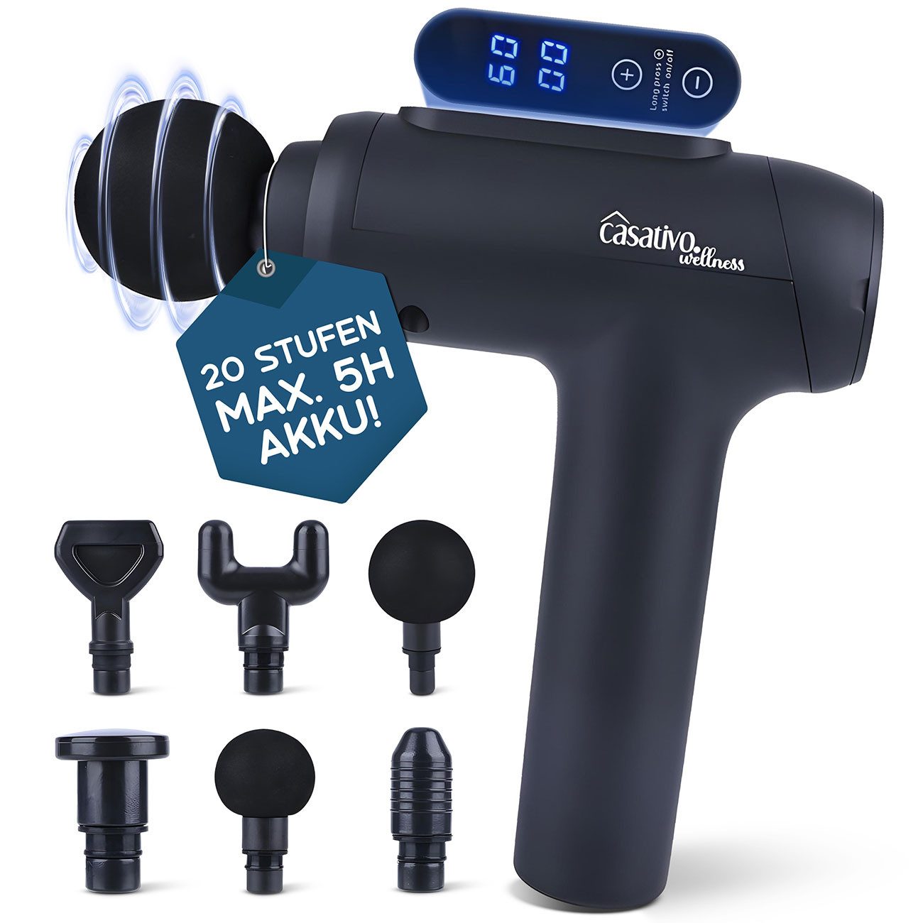 Casativo Massagepistole Massagegerät Massage Gun 20W 6 Köpfen&20 Intensitätsstufen Akkubetrieb, ca. 5 Std. Laufzeit & leiser Brushless-Motor 740g 21 x 18 x 6,6 cm