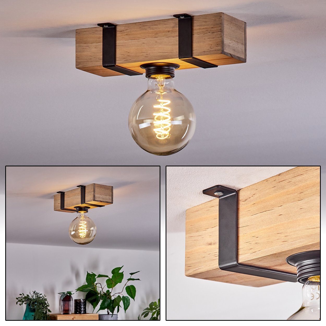 hofstein Deckenleuchte Deckenlampe aus Metall/Holz in Schwarz/Natur, ohne Leuchtmittel, im skandinavischen Design mit Holzbalken, 1 x E27, ohne Leuchtmittel