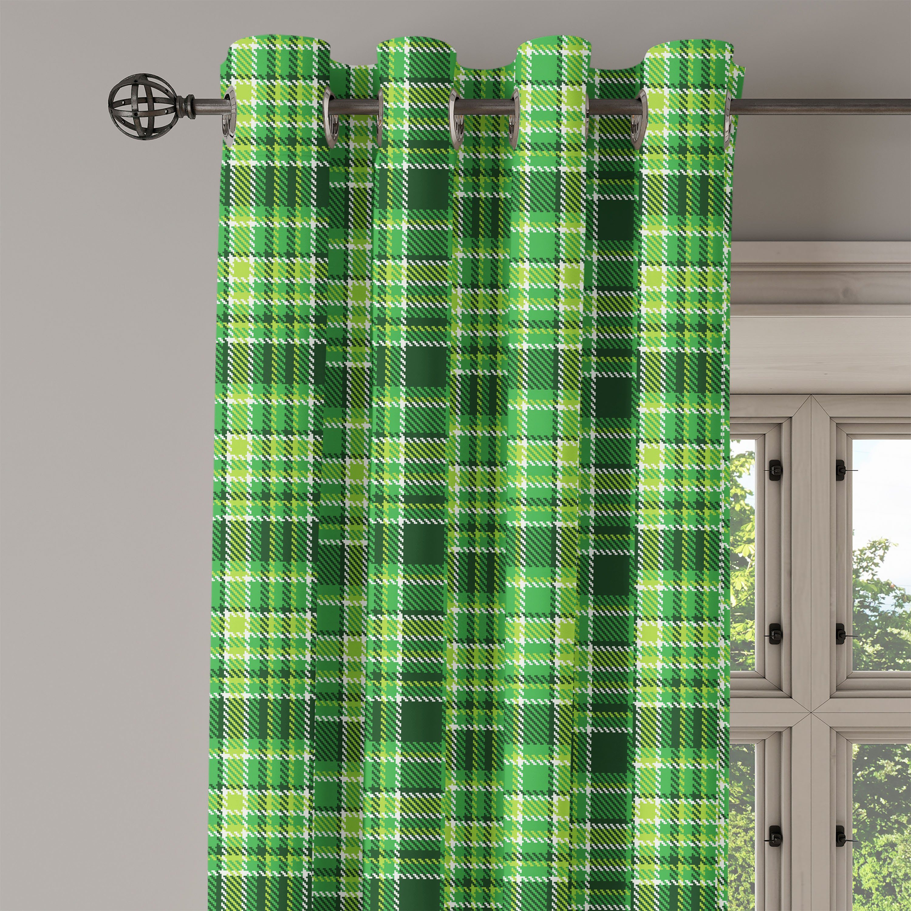 Irish Mosaic Dekorative Abakuhaus, Wohnzimmer, Kariert für Schlafzimmer Grün 2-Panel-Fenstervorhänge Gardine