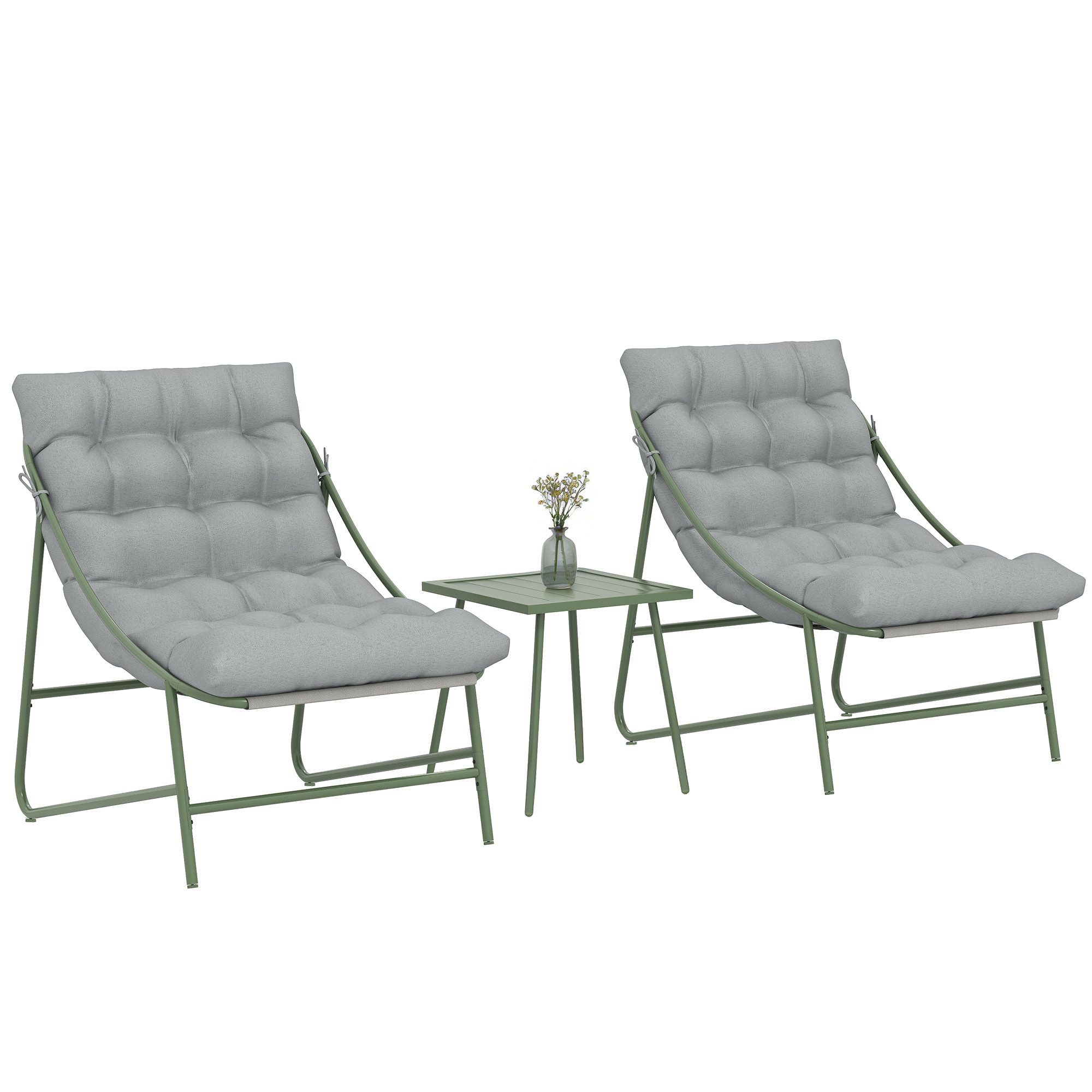 Outsunny Balkonset mit Tisch, Kissen, Stahlgestell, verstellbar Fußpads, (Balkonmöbel Set, 3-tlg., Gartenmöbel Set), für Garten Balkon Terrasse Hellgrau