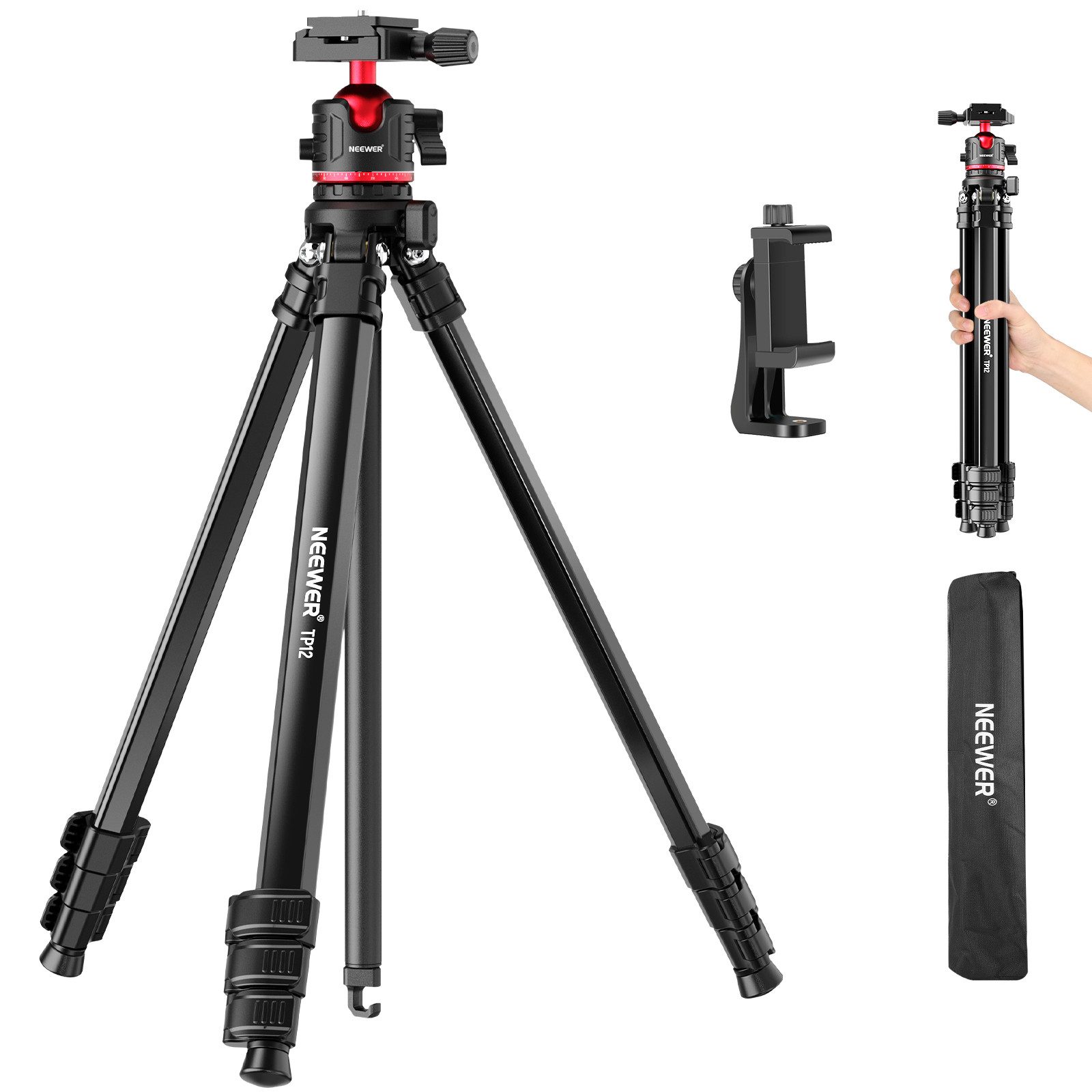 Neewer TP12 169cm Reisestativ für Kamera, leichtes DSLR Stativ mit Kugelkopf Kamerastativ (Arca Typ Schnellwechselplatte, Handyhalterung kompatibel mit iPhone)