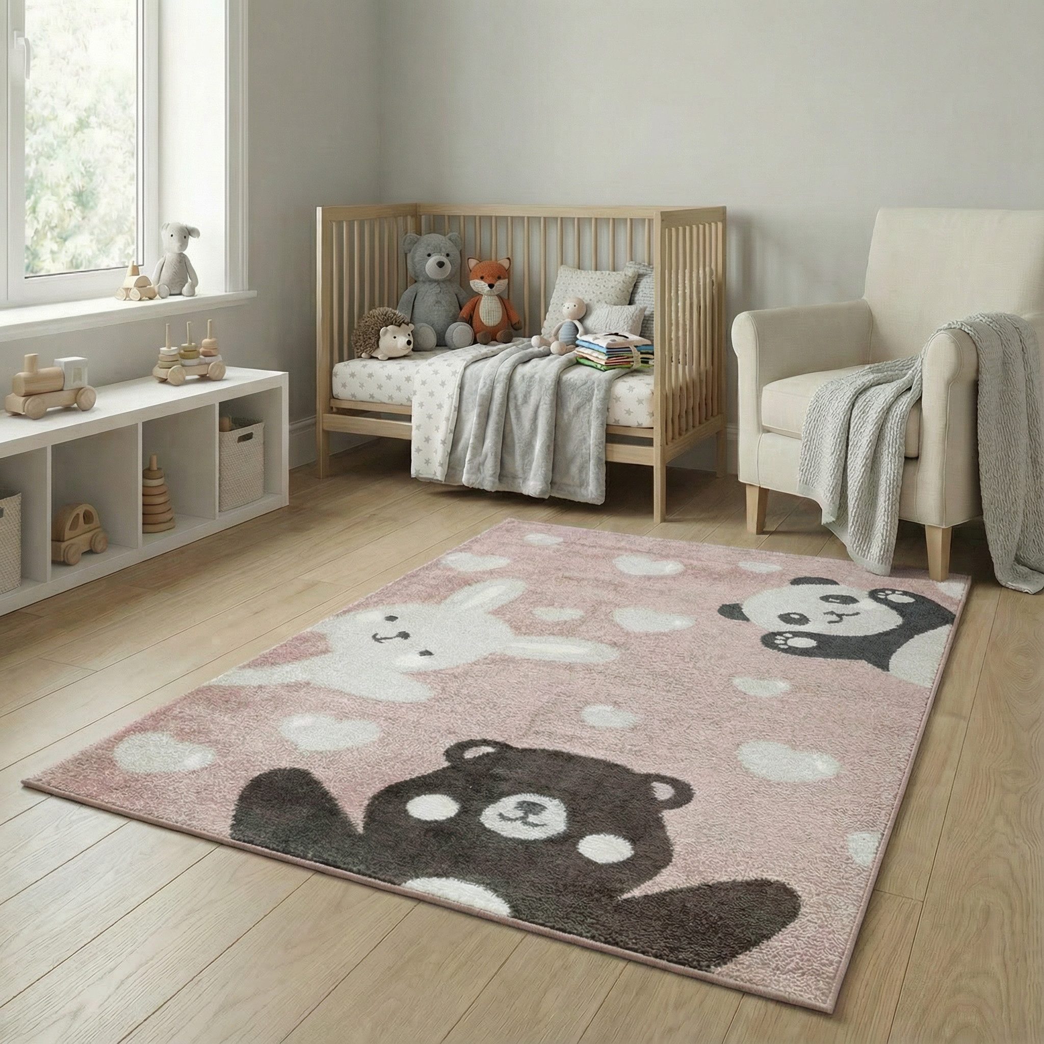 Jimri Kinderteppich Happy Friends Teppich für Kinderzimmer, Kinderteppich Bär Hase Panda, Läufer