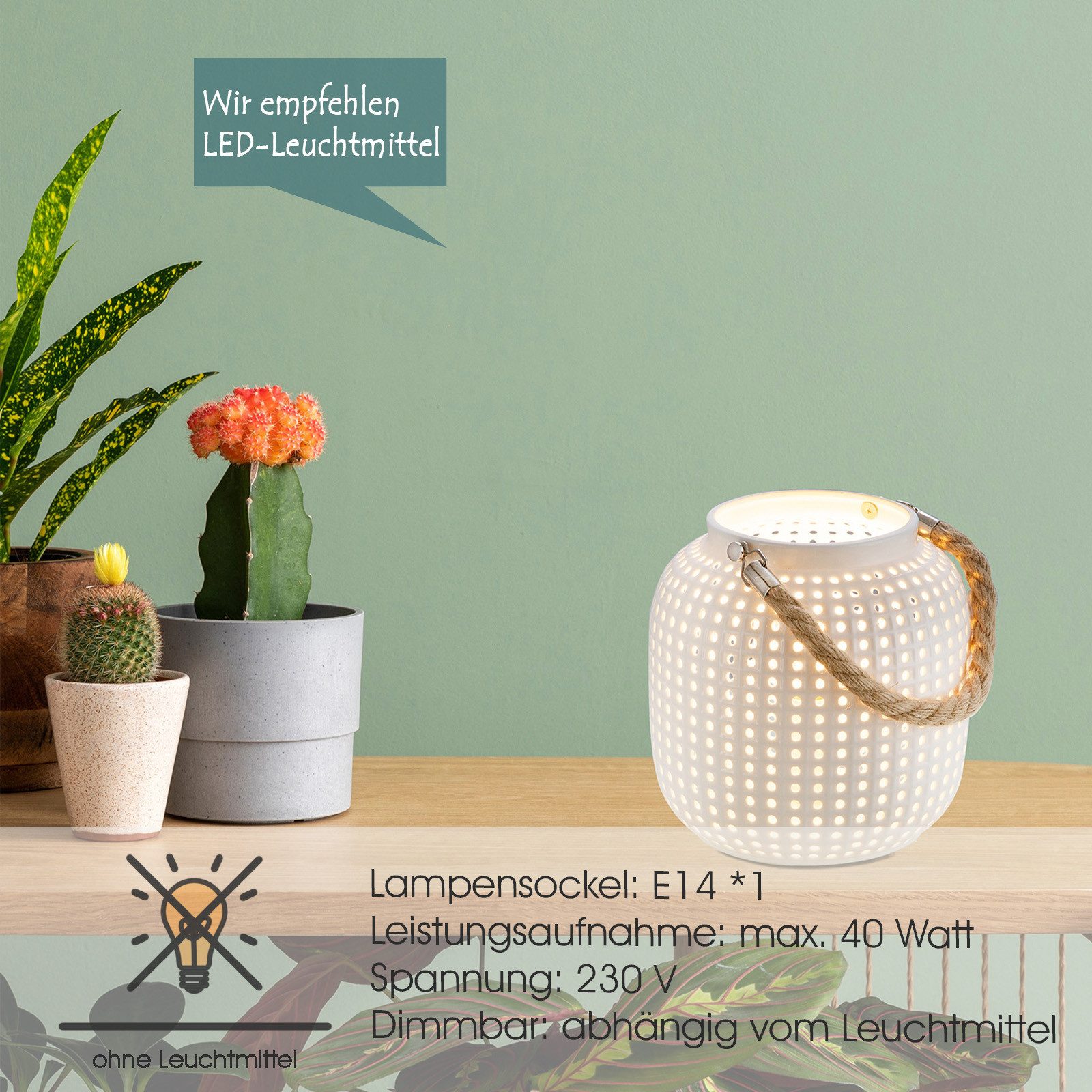 NOWA Tischleuchte Tischlampe Wohnzimmer Tischleuchte Keramik weiß Deko Laterne Landhaus, tragbar, ohne Leuchtmittel, Lichtfarbe ist abhängig vom Leuchtmittel, Tischlaterne