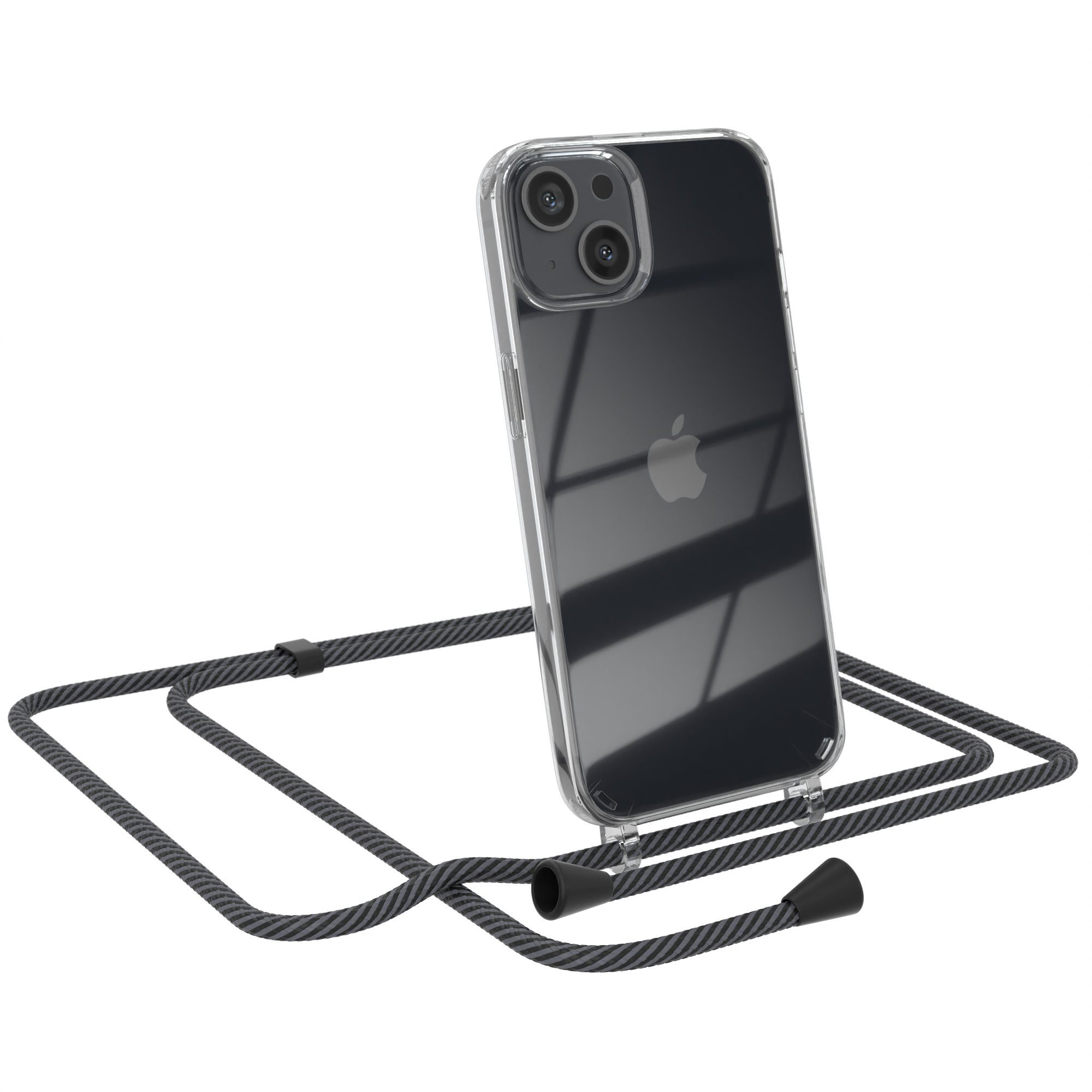 EAZY CASE Handykette Kette Clips Schwarz für Apple iPhone 13 6,1 Zoll, Handykette mit Schnur Cross Bag für Mann Frau Festivalbag Grau Schwarz