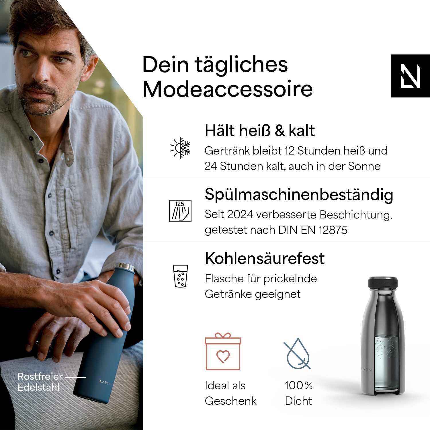 LARS NYSØM Thermoflasche Ren, Isolierflasche mit Vakuum Isolierung: 12h heiß / 24h kühl