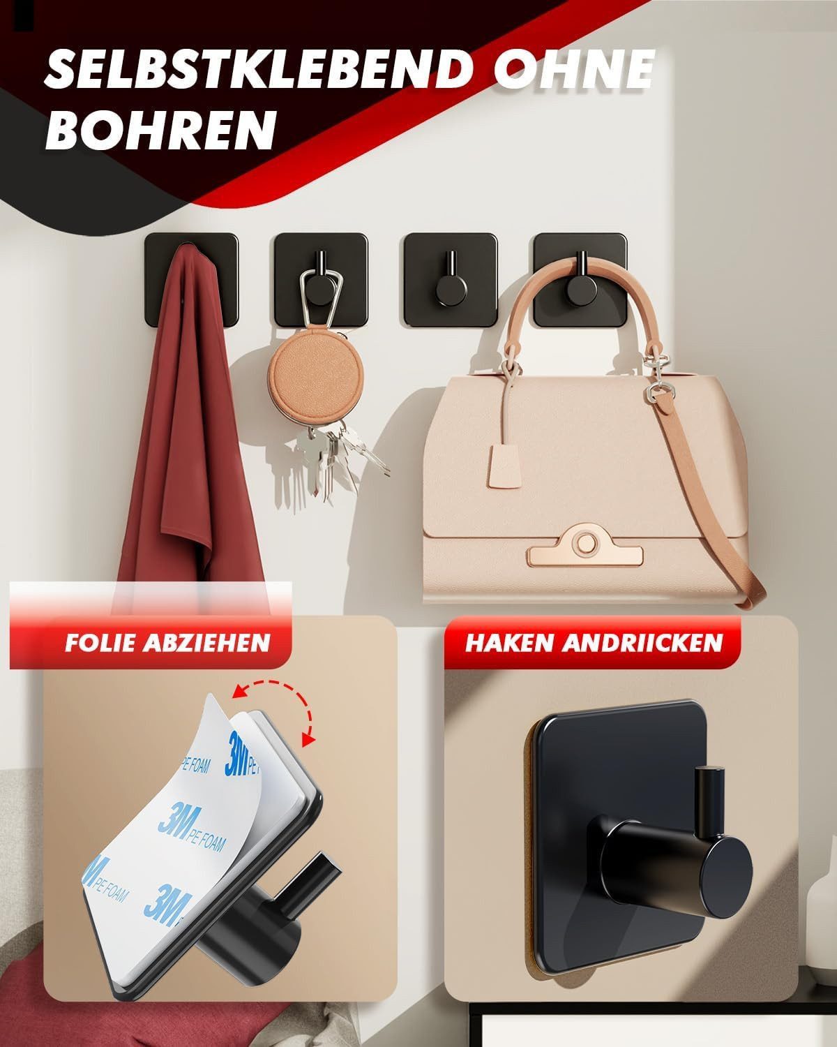 Refined Living Handtuchhaken Handtuchhalter ohne Bohren,5er/10er Set,Handtuchhaken Bad Edelstahl, Zur Verwendung an der Wand, Badewanne, Eingangstür, Schlafzimmer, Zur Verwendung an der Tür, Küche, Badezimmer, (Handtuchhalter Wandhaken Selbstklebend, 10-St., für Bad und Küche,Edelstahl,Wasserdicht und rostfrei), mit 3M-Klebe-Pads,Haken selbstklebend Hochwertige Klebehaken