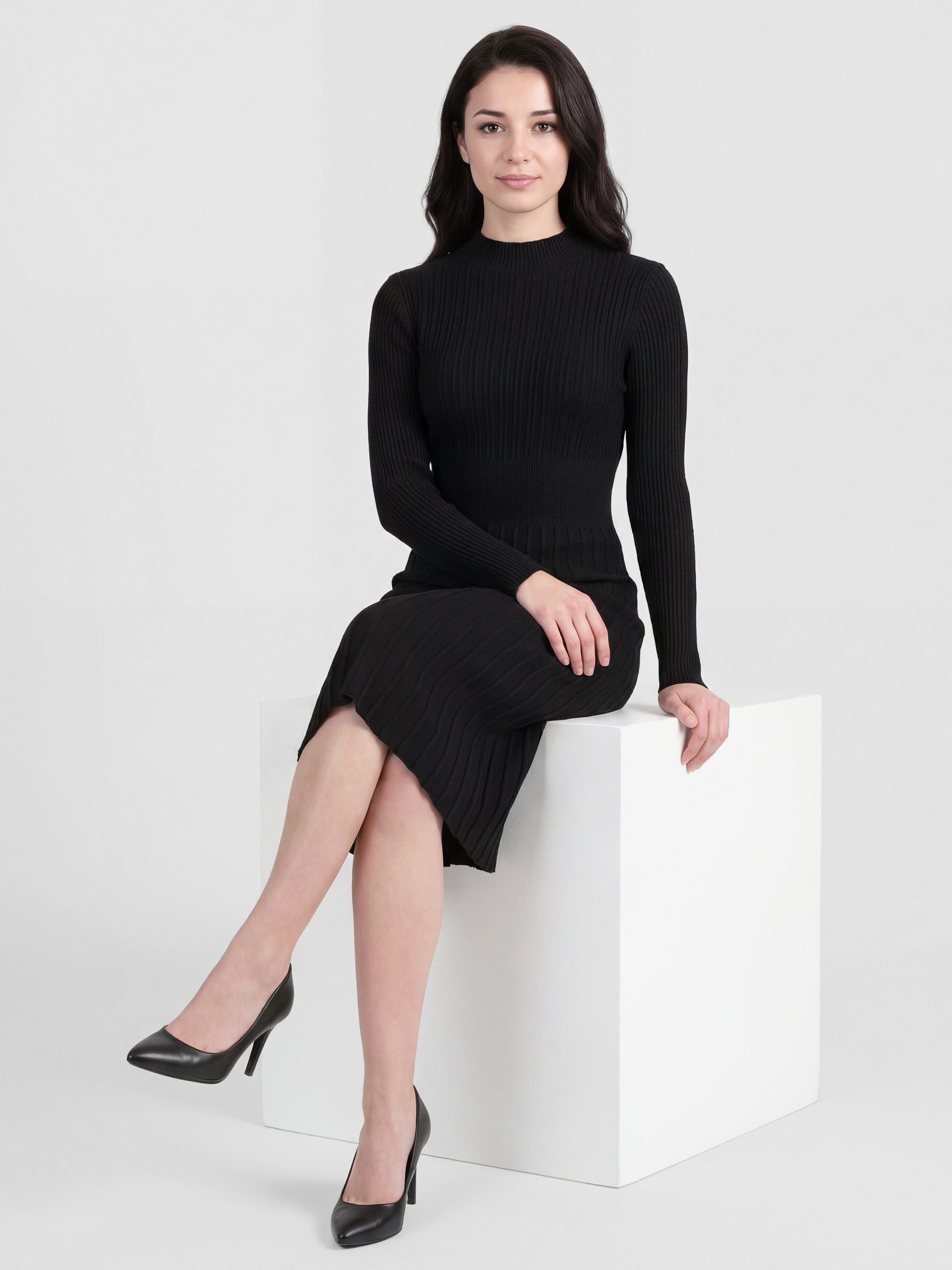 PEKIVESSA Strickkleid Midikleid tailliert weicher Strick mit ausgestelltem Rockteil – Bild 5 von 5