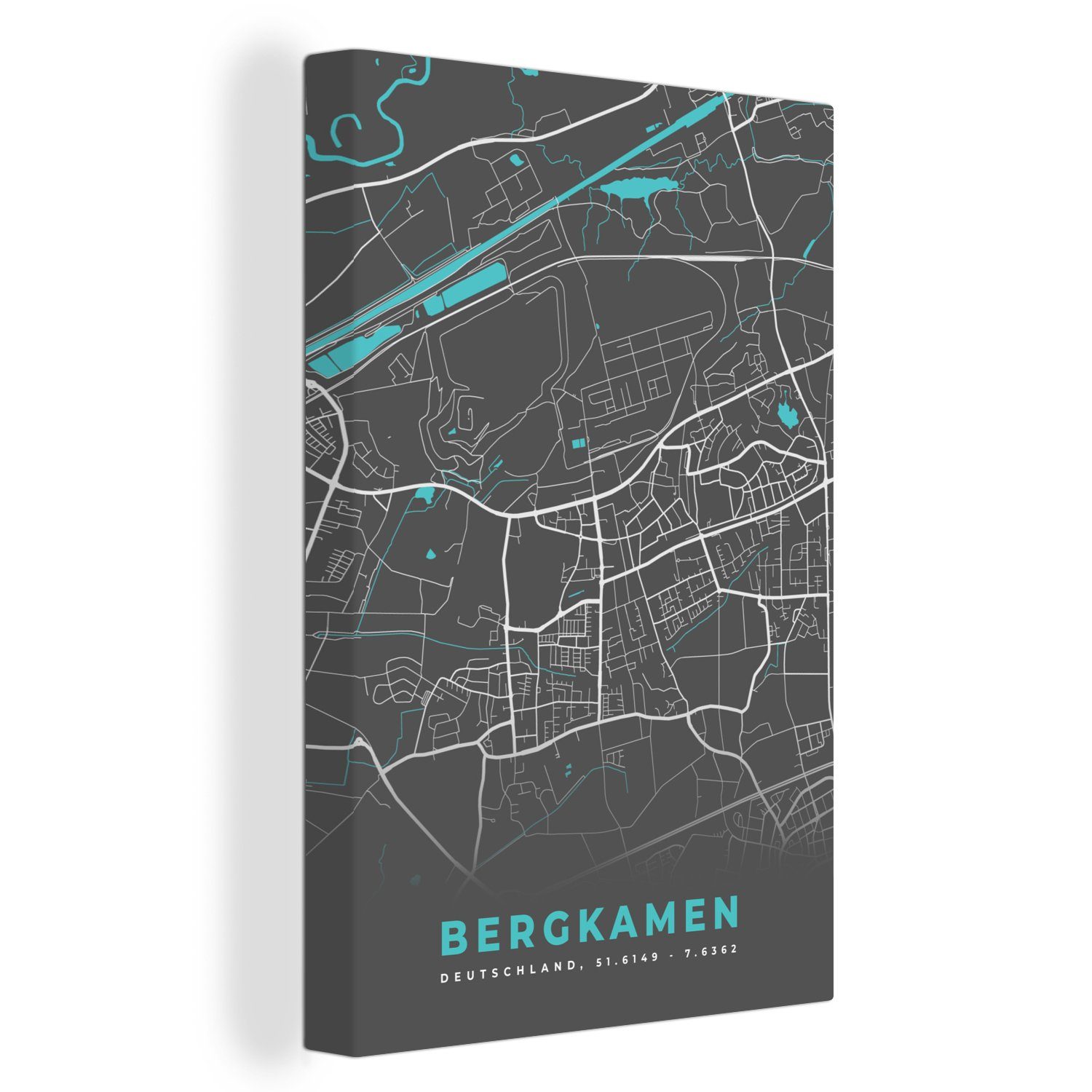 OneMillionCanvasses® Leinwandbild Stadtplan - Deutschlandkarte - Blau - Bergkamen - Karte, (1 St), Leinwandbild fertig bespannt inkl. Zackenaufhänger, Gemälde, 20x30 cm