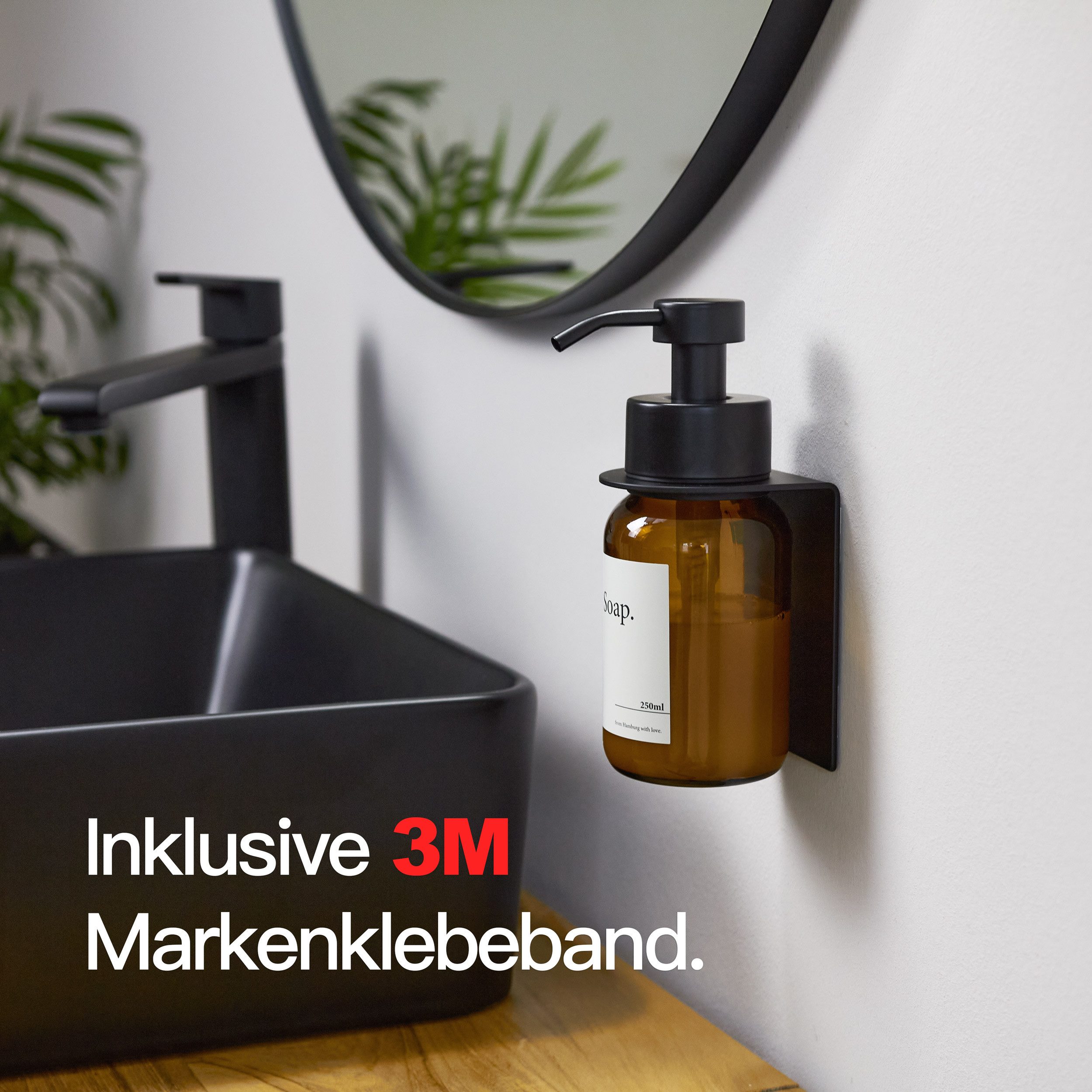 Designfabrik Hamburg Seifenspender Wandmontage ohne Bohren 250 ml, Pumpspender für Flüssigseife, (1-tlg), Glas & Edelstahl, inkl. Markenklebeband für besonders starken Halt