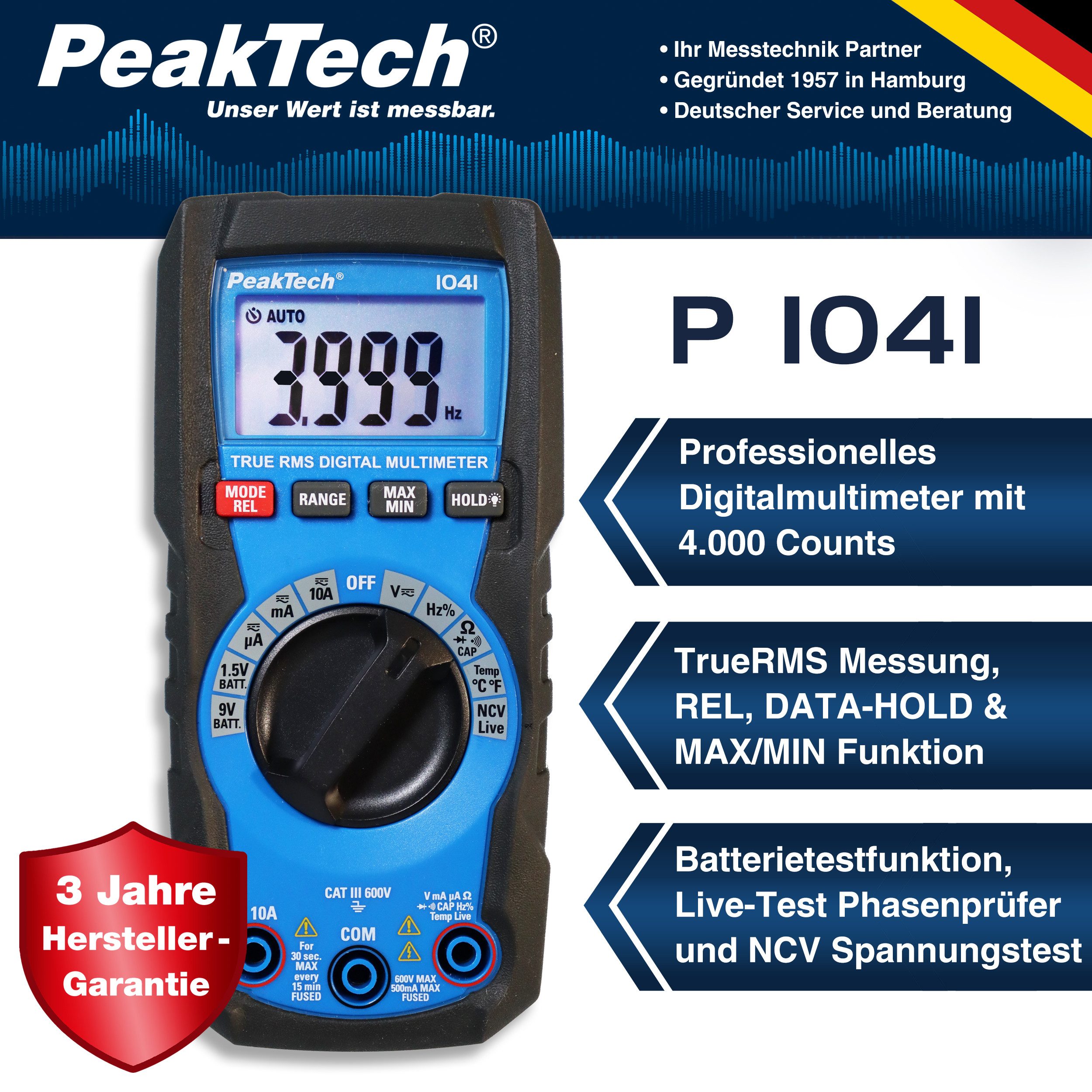 PeakTech Multimeter TRMS Digital DMM, Auto-Range, 4.000 Counts