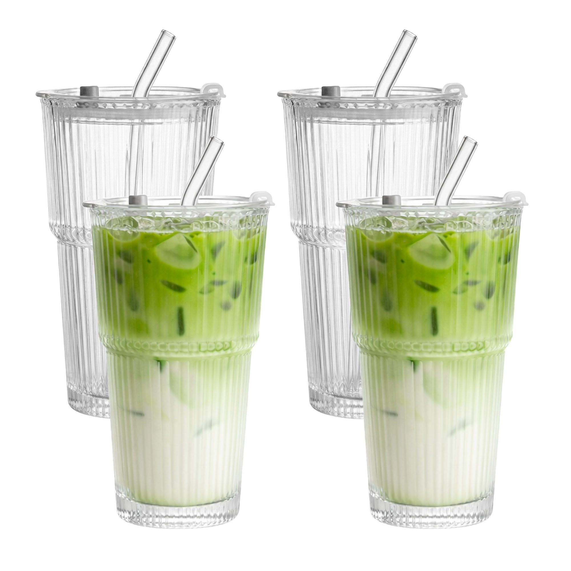 mixed24 Gläser-Set 4er Set Geriffelte Gläser 550ml mit Deckel inkl. Glashalm, ideal für Iced Matcha Latte, Latte Macchiato, Cocktails, Smoothies