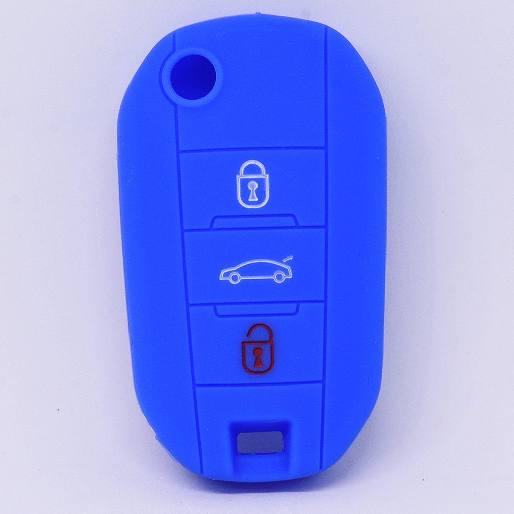 mt-key Schlüsseltasche Autoschlüssel Softcase Silikon Schutzhülle Blau, für Citroen C4 Picasso Jumpy Flip Peugeot 3 Tasten Klappschlüssel