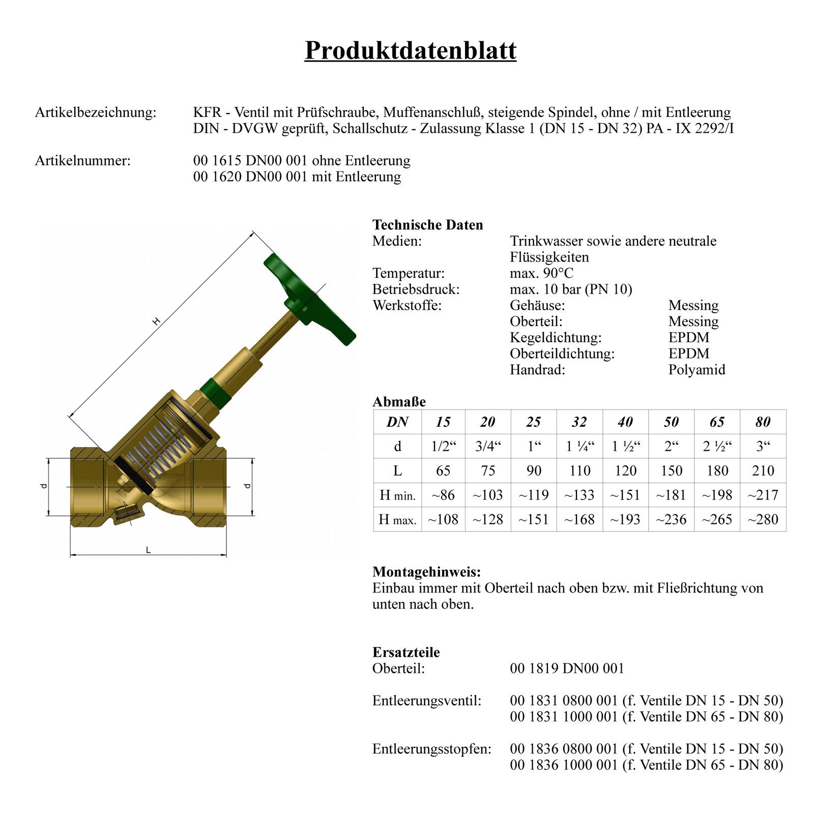 Schlösser Absperrventil KFR Ventil 1/2" Schrägsitzventil mit Entleerung + steigende Spindel