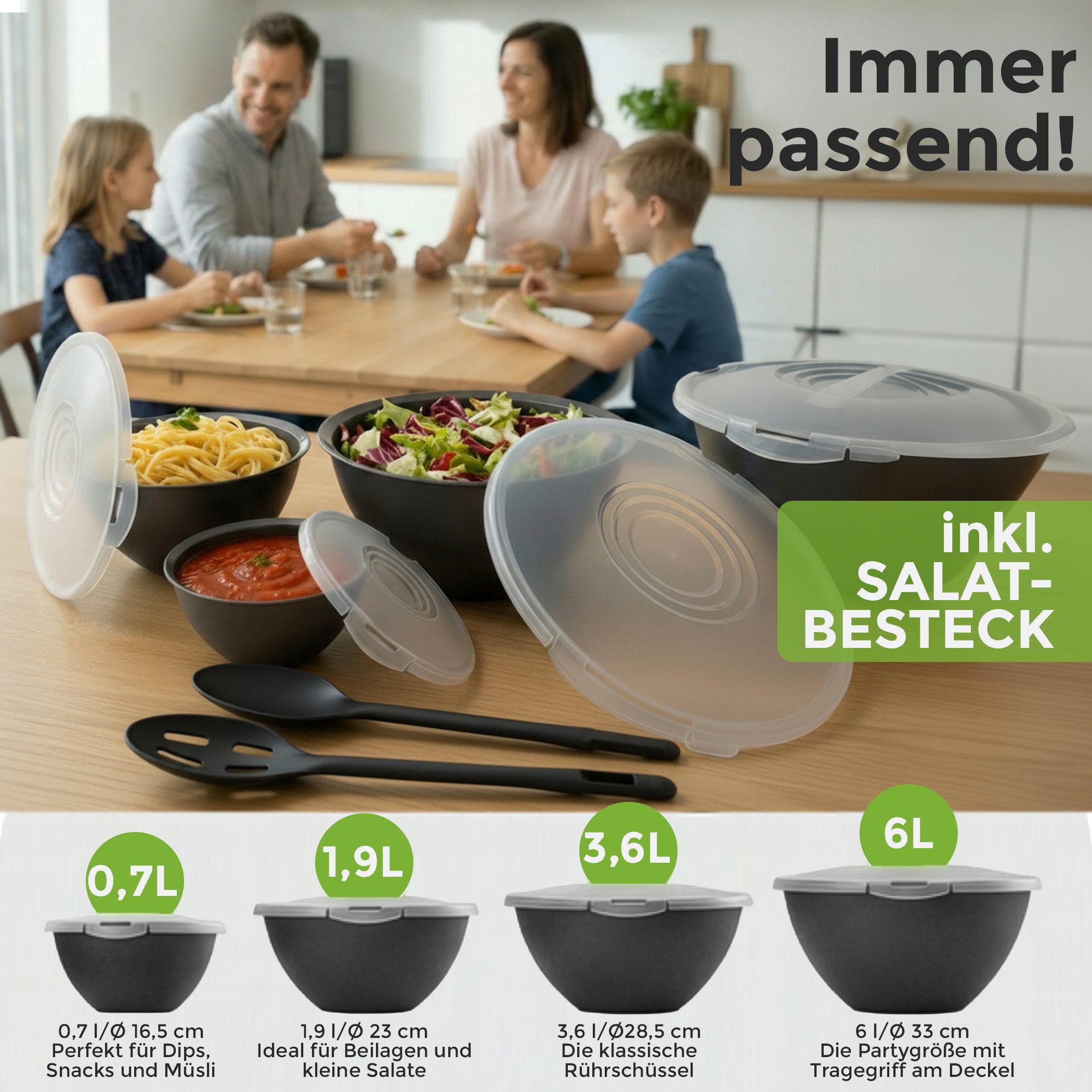 Hausfelder Salatschüssel Schüssel Set + Salatbesteck 10-tlg, Kunststoff, (Set, 10-tlg), Schüsseln 1x6 L, 1x3,6 L, 1x1,9 L, 1x0,7 L + Salatbesteck