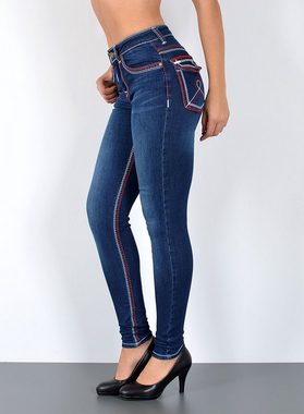 ESRA Skinny-fit-Jeans J420 Damen Skinny Jeans, High Waist, dicke Naht Jeans, bis Übergröße / Plussize, Enge Skinny Hose, dicke Kontrastnähte, hohe Leibhöhe, Stretch, bis Große Größen, Enge Skinny Röhrenjeans, Hoch Bund, mit weißer Naht, mit roter Naht, Taille Jeans, Skinny, Hose