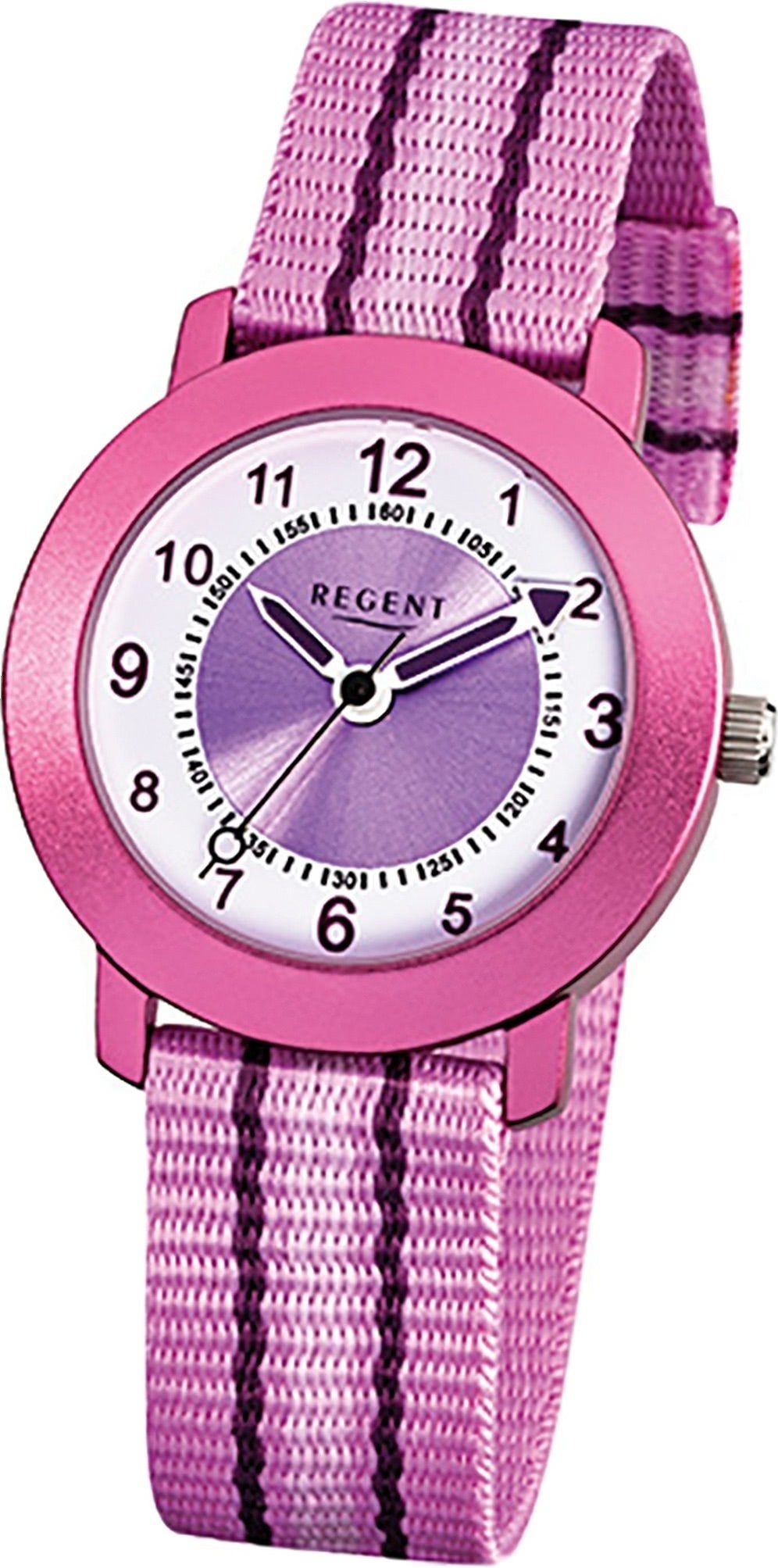 Regent Quarzuhr Regent Textil Kinder Uhr F-725 Quarzuhr, Kinderuhr  Textilarmband rosa, rundes Gehäuse, klein (ca. 30mm)