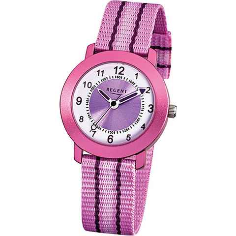 Regent Quarzuhr Regent Textil Kinder Uhr F-725 Quarzuhr, (Analoguhr), Kinderuhr Textilarmband rosa, rundes Gehäuse, klein (ca. 30mm)