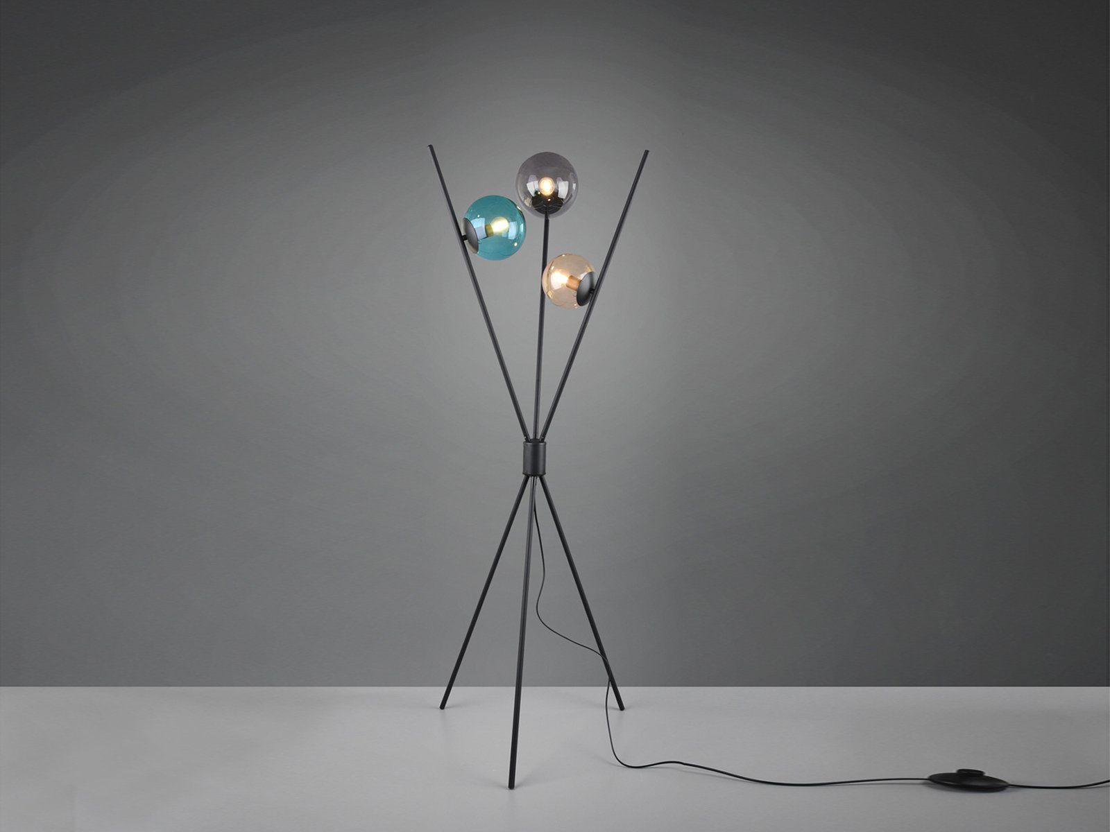 Glas-kugel ausgefallene LED LED Dreibein, Lampe wechselbar, TRIO Warmweiß, Bunt-Schwarz Bunt Höhe 156cm Stehlampe, Tripod moderne