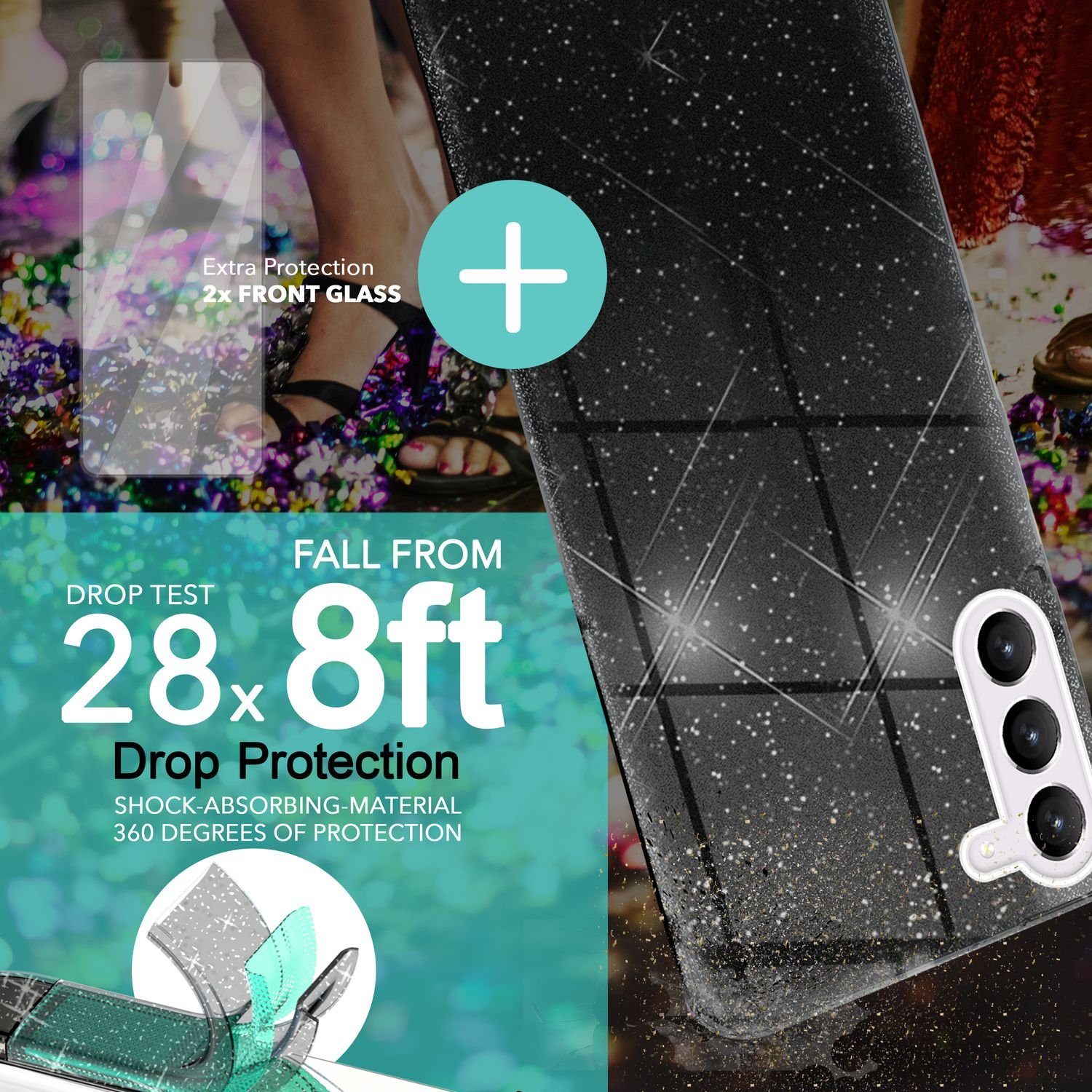 Nalia Smartphone-Hülle Samsung Galaxy S23 Plus 16,8 cm (6,6 Zoll), Glitzer Silikon Hülle / 2x Displayschutz / Innen Verstärkt / Stoßfest