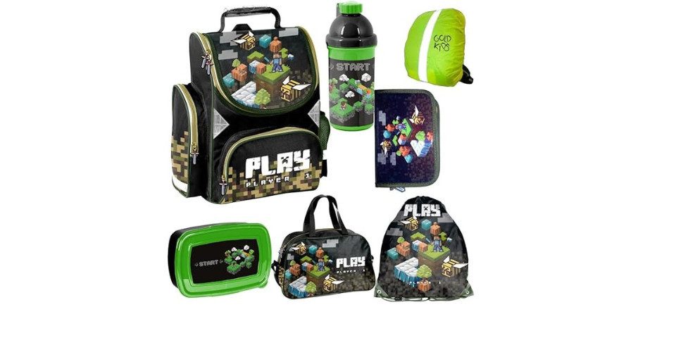 GOLDKIDS Schulranzen set jungen 1. klasse 7-teilig Ranzen Tornister (Schulrucksack Federmappe, 1-tlg., Turnbeutel Turnsack Brotdose), Trinkflasche Sporttasche Regenschutz Game Pixel Motiv mäppchen