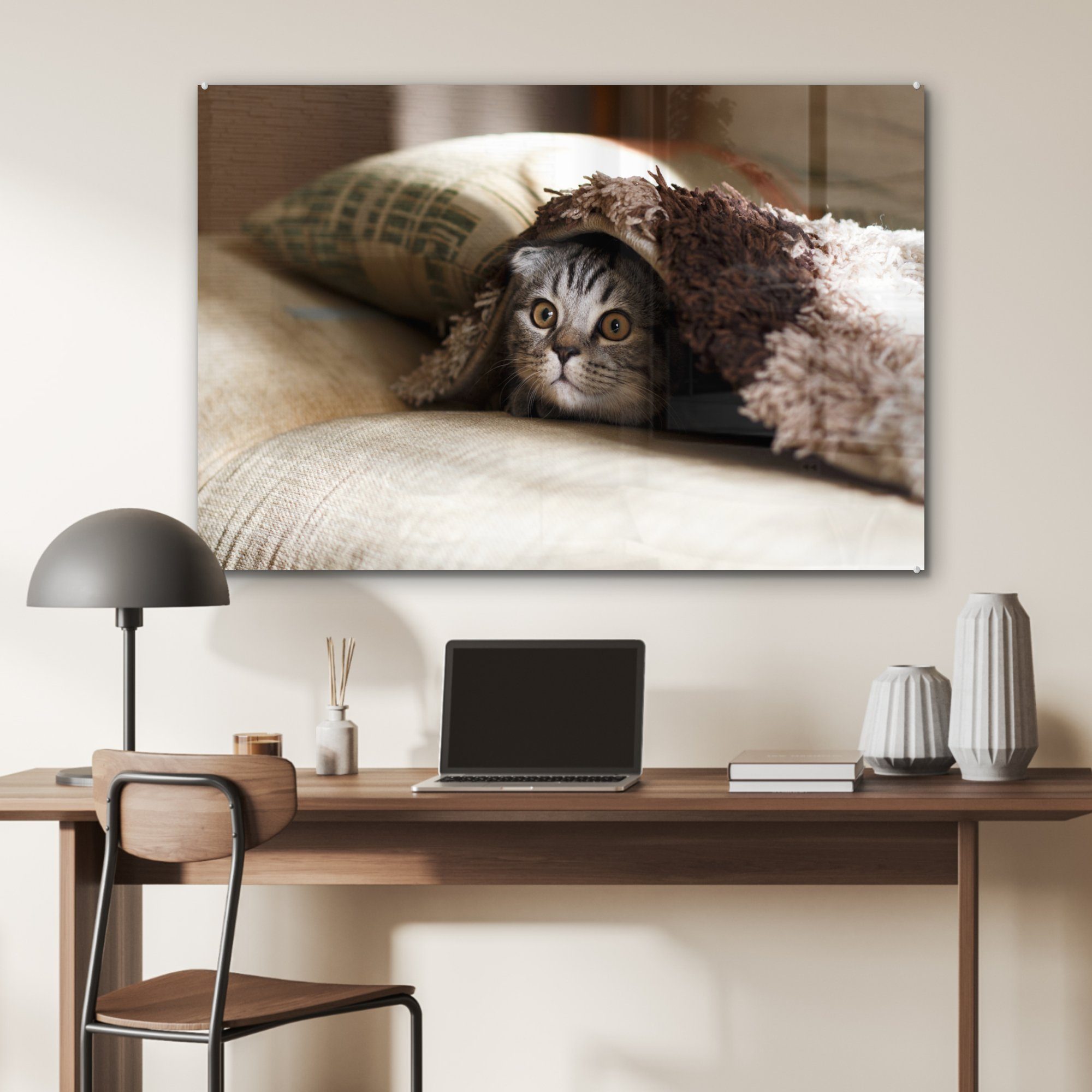 Acrylglasbilder - Acrylglasbild Katze Bank, (1 Decke - Wohnzimmer & St), MuchoWow Schlafzimmer
