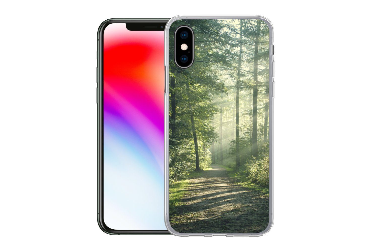MuchoWow Handyhülle für Apple iPhone X Wald - Weg - Sonne - Bäume - Grün - Natur, Smartphone-Bumper, Print, Handy Schutzhülle Dünn