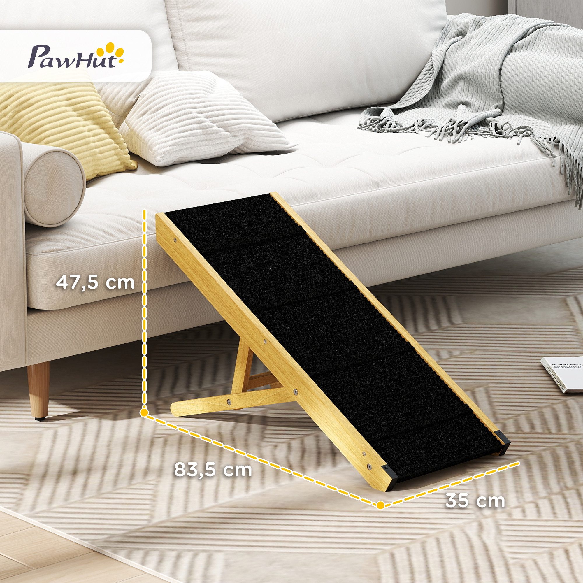 PawHut Hunderampe 83,8 cm große Haustierrampe aus Holz für Bett und Couch (faltbare Hunderampe mit 4-stufiger Höhenverstellung für kleine und mittelgroße Hunde, 1-St., Naturholz), 83,5cm x 35cm x 47,5cm
