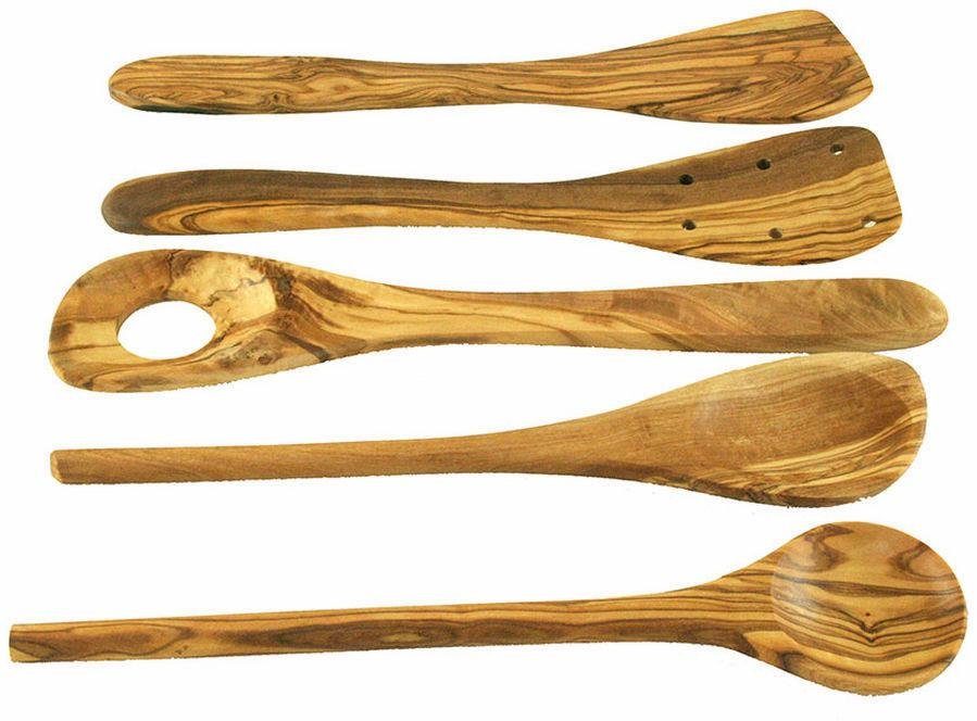 Olivenholz-erleben Kochbesteck-Set aus naturbelassenem Olivenholz (Set, 5-tlg., Kochlöffel ohne/mit Ecke, Pfannenwender mit/ohne Löcher, Salatbesteck), Schonend zu Pfannen & Töpfen, nachhaltig, geschmacksneutral