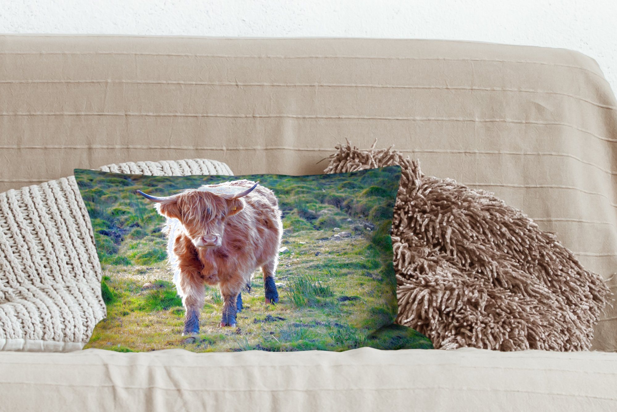 Highlander Herbst, Füllung, mit Dekokissen Dekoration, - Schottische Schlafzimmer - Wohzimmer Zierkissen, Gras MuchoWow Dekokissen