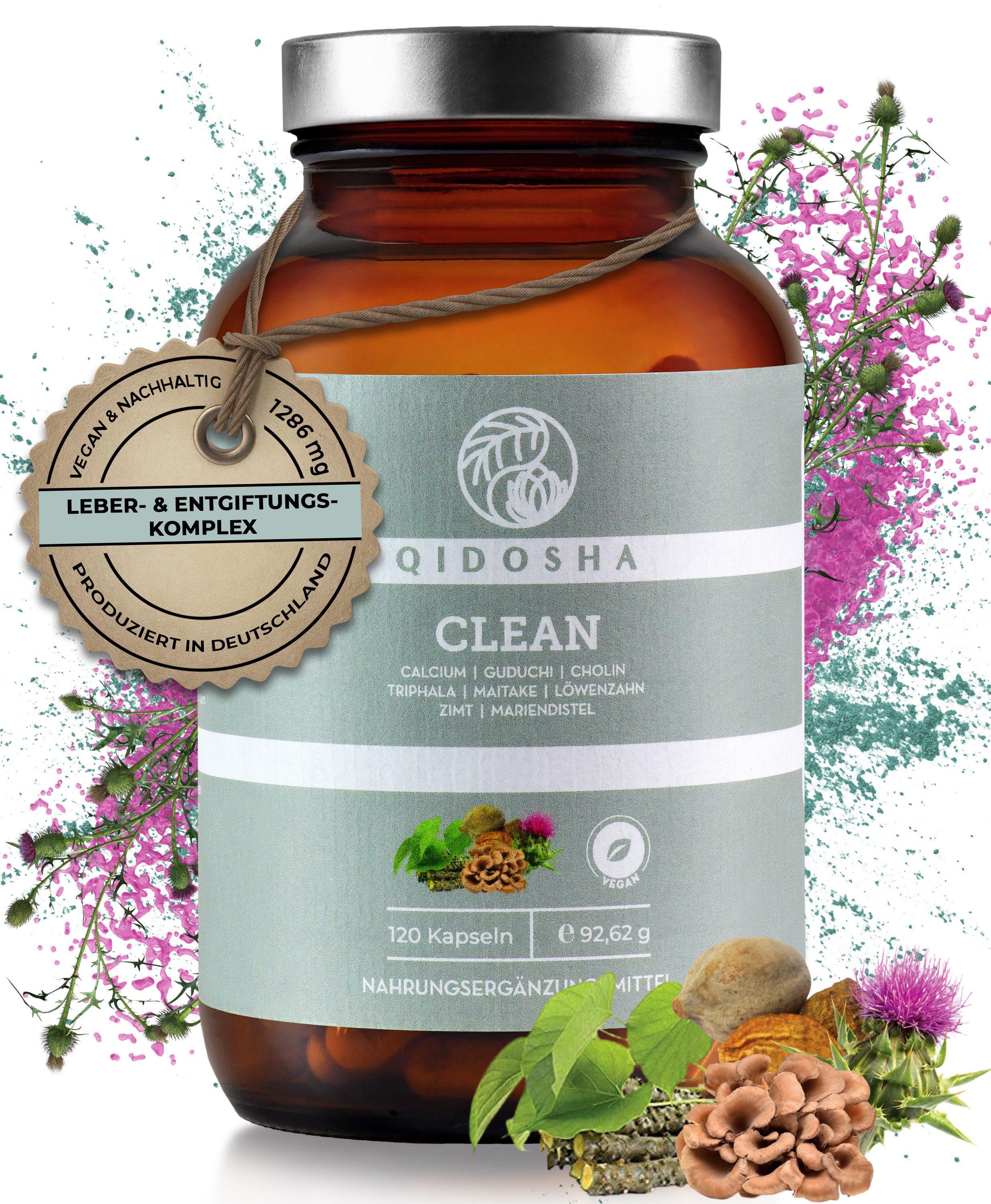 QIDOSHA CLEAN² im Glas (mit optimierter Rezeptur) Kapseln, CLEAN Leber Komplex Kapseln, TESTSIEGER 01/2024*, 120 Kapseln im Apothekerglas, Leber-Kur ², mit Glutathion, Chlorella, Liponsäure, Cholin, NAC, Guduchi, Reishi, Mariendistel, Löwenzahn, Zimt à 120 St., 94.9 g