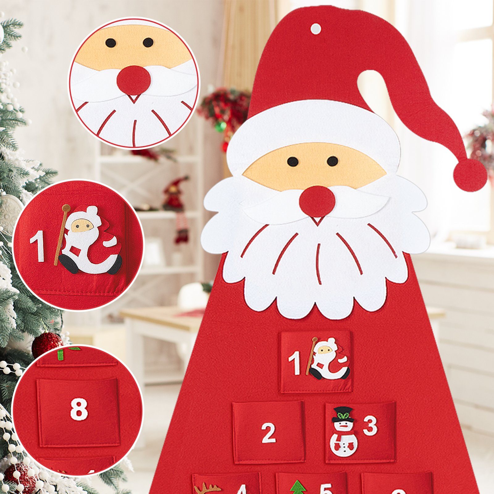 Filz-Adventskalender für DIY 150cm Befüllen Weihnachtsmann H 55cm Filz Dekoration, (Santa Nikolaus * Adventskalender Weihnachtsschmuck, Wandbehang W Weihnachten Taschen zum Geschenk, Countdown Home Homewit mit 24 1-tlg), Adventskalender