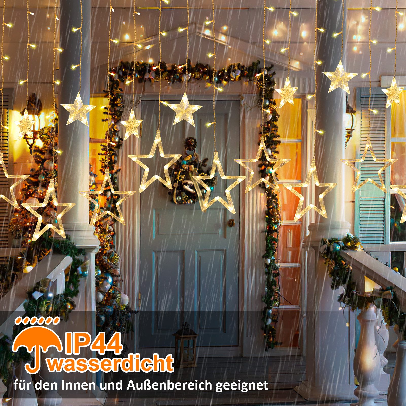 Clanmacy LED-Lichterkette 138 LED Lichterkette Sterne Lichtervorhang Außen Innen Weihnachtsdeko, 138-flammig – Bild 5 von 5