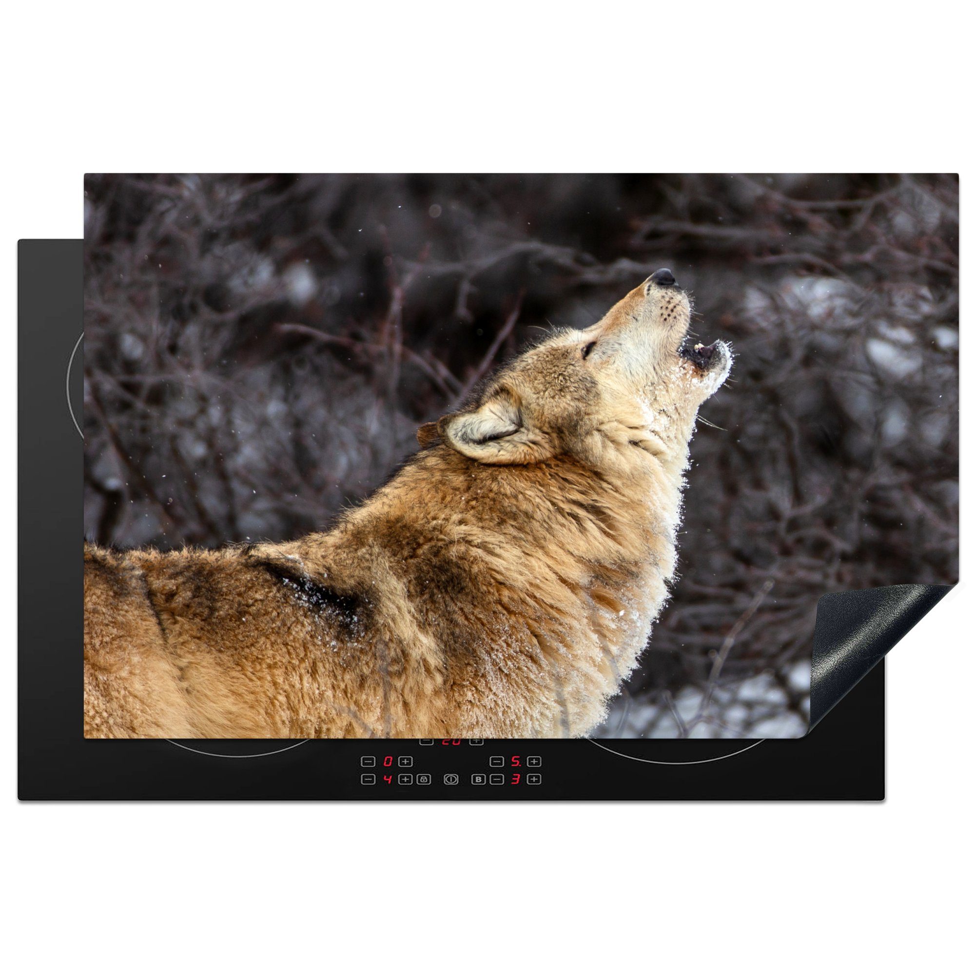 MuchoWow Herdblende-/Abdeckplatte Wolf - Winter - Wald, Vinyl, (1 tlg), 81x52 cm, Induktionskochfeld Schutz für die küche, Ceranfeldabdeckung