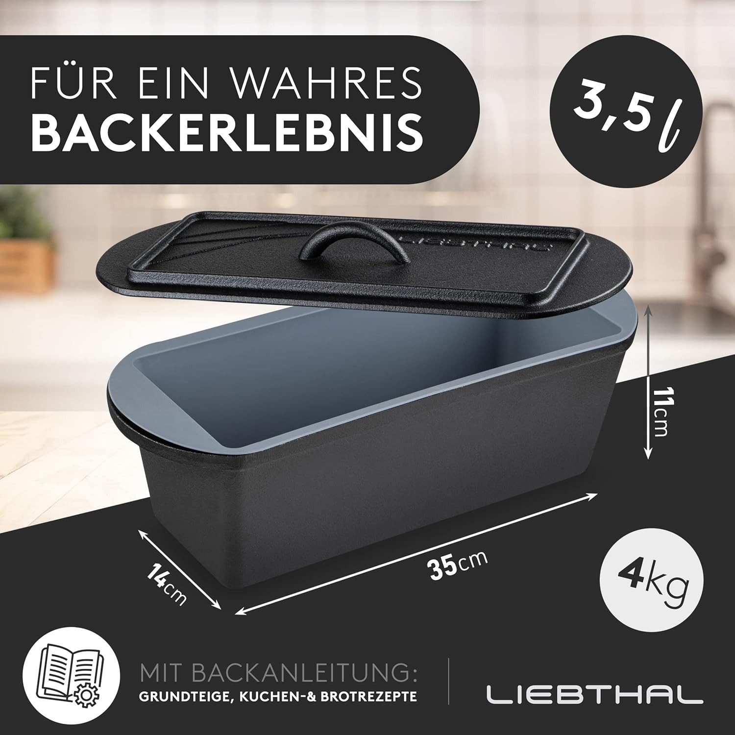 Liebthal Brotbackform aus Gusseisen - mit Deckel, eingebrannt, Silikoneinlage, 3,5L, Silikongriffe, für alle Herdarten