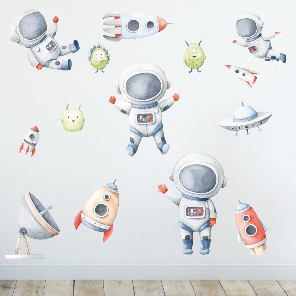 Sunnywall Wandtattoo Astronaut - Wandtattoo Kinderzimmer Baby Wandaufkleber (6 St), konturgeschnitten