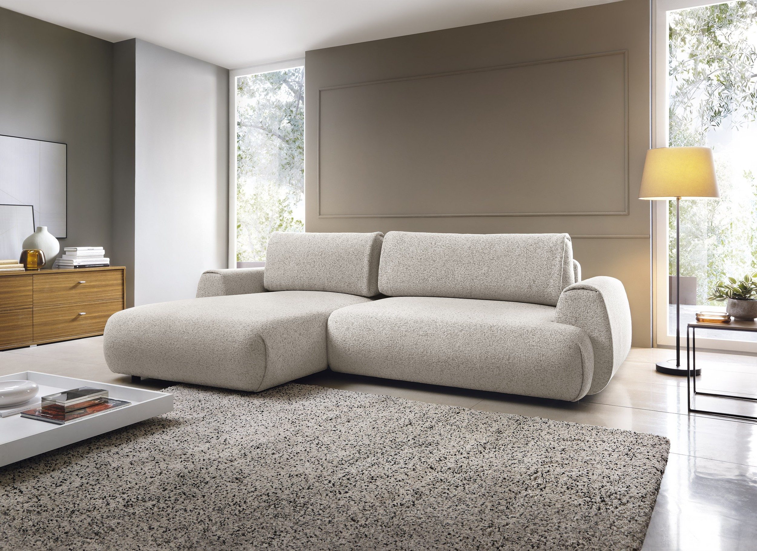 Goldstoff Ecksofa MAILO L-Form, mit Bettfunktion und Bettkasten, Sofa mit Schlaffunktion, Couch für Wohnzimmer - Schlafsofa - Eckcouch, Tiefe Sitzfläche & ergonomische Rückenlehne