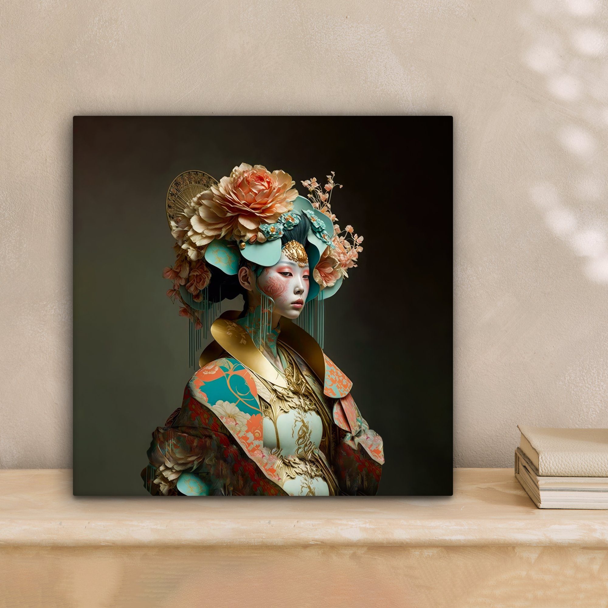 OneMillionCanvasses® Leinwandbild Frau - Blumen - Orange - Porträt - Asiatisch, Fotodruck (1 St), Wandbild, Deko Schlafzimmer Wohnzimmer Flur 20x20 cm