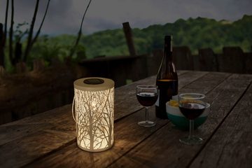 näve LED Solarleuchte Wald, LED fest integriert, Warmweiß, rund D: 12cm, H: 20cm, weiß, Waldmotiv, warmweißes Licht, Akku, Griff